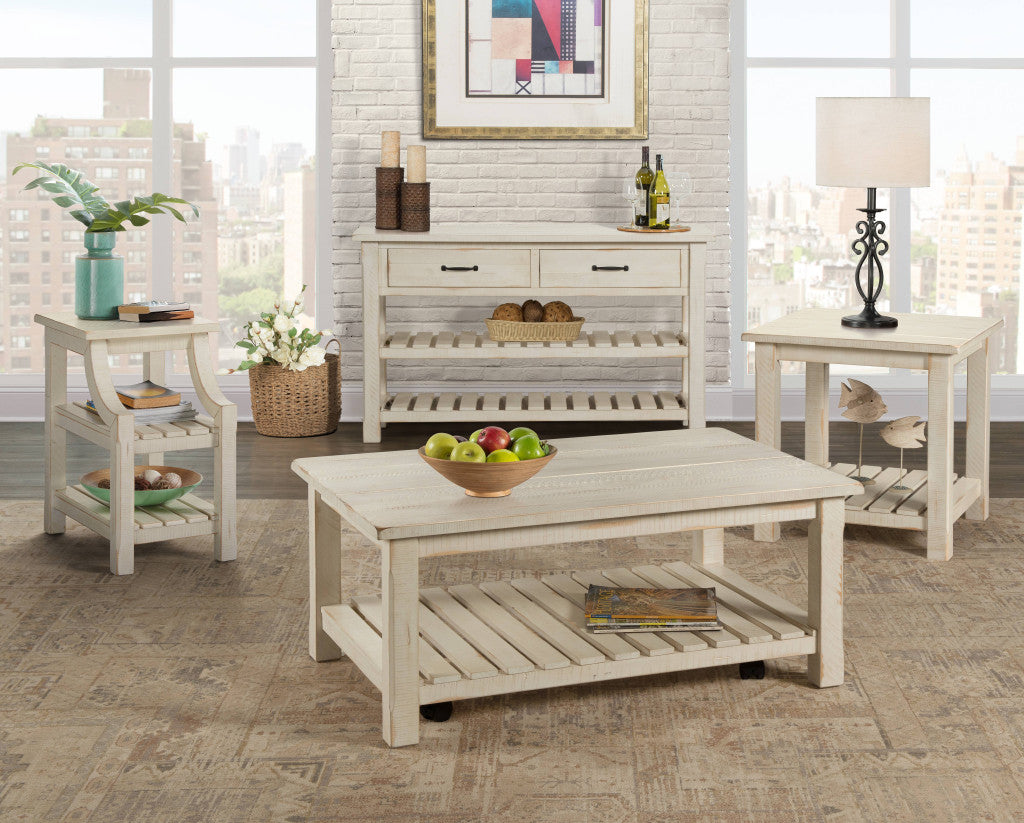 25" Antiqued White Solid Wood End Table With Two Shelves