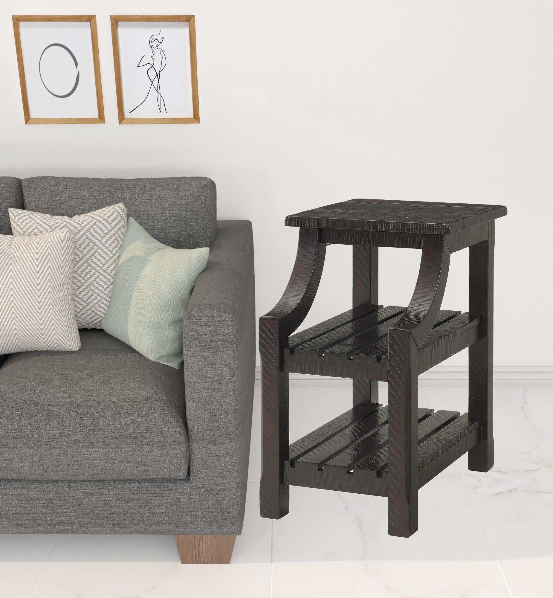 Brown Solid Wood End Table With Two Shelves 25"