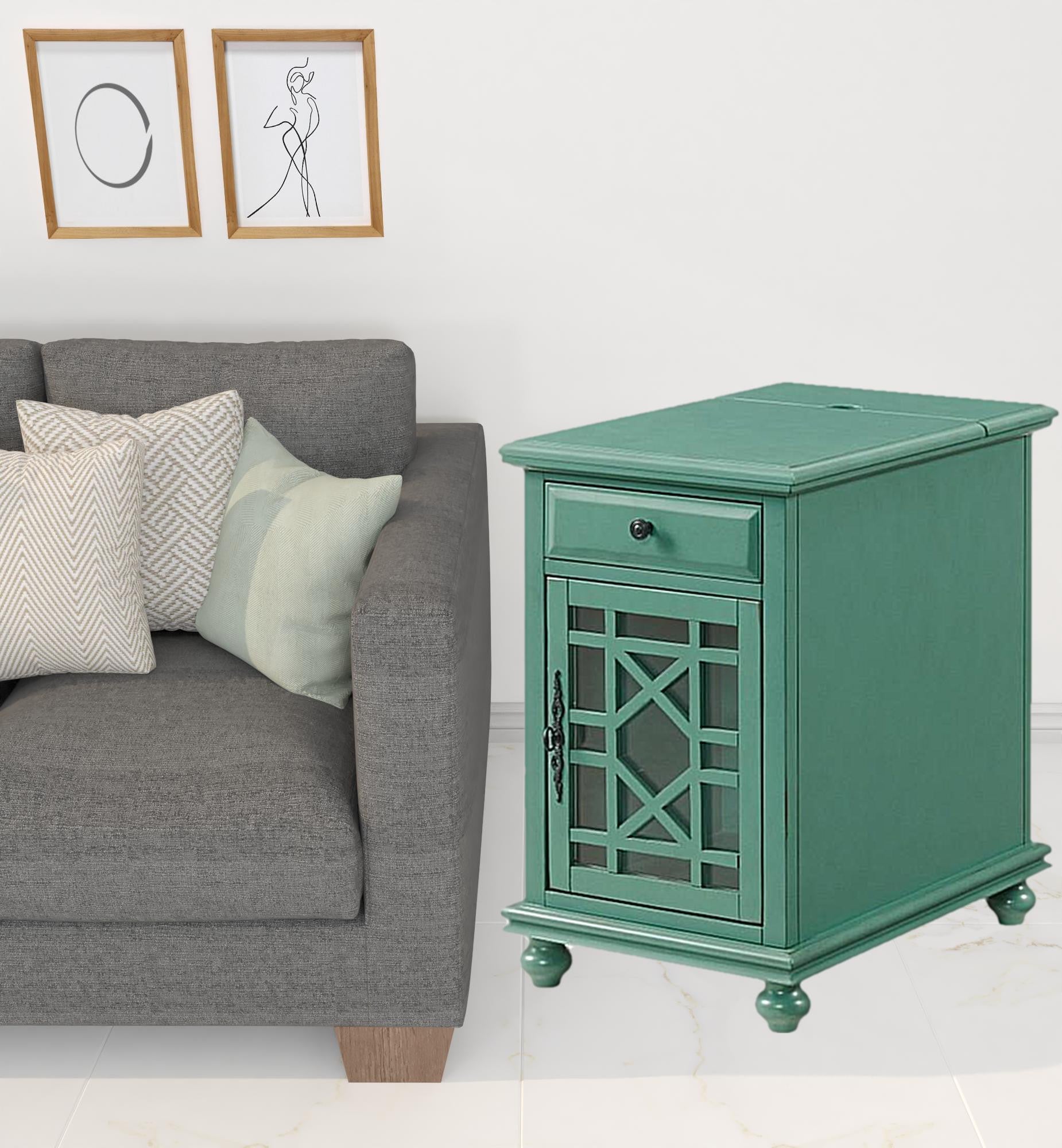 25" Teal Blue Solid Manufactured Wood End Table With Drawer