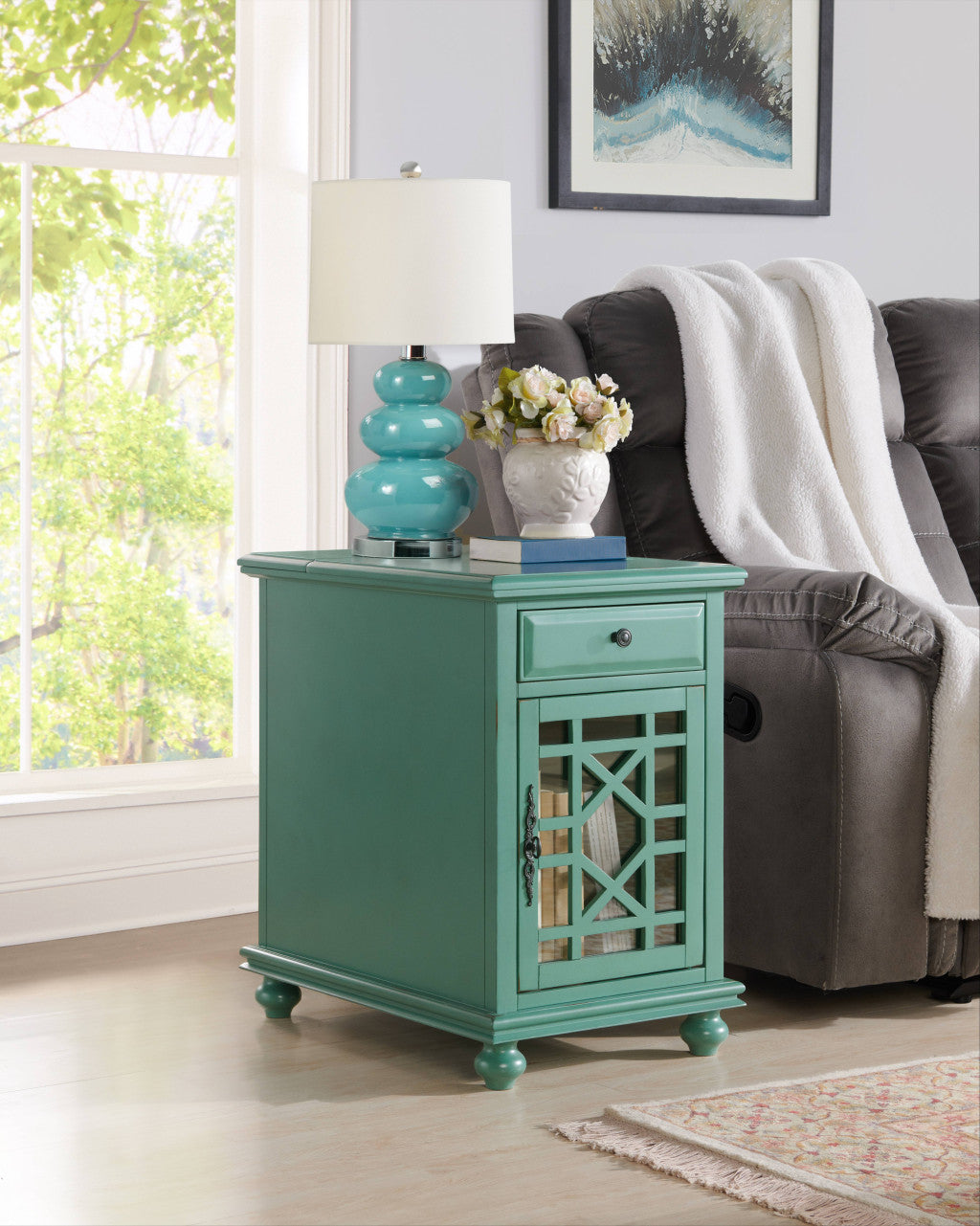 25" Teal Blue Solid Manufactured Wood End Table With Drawer