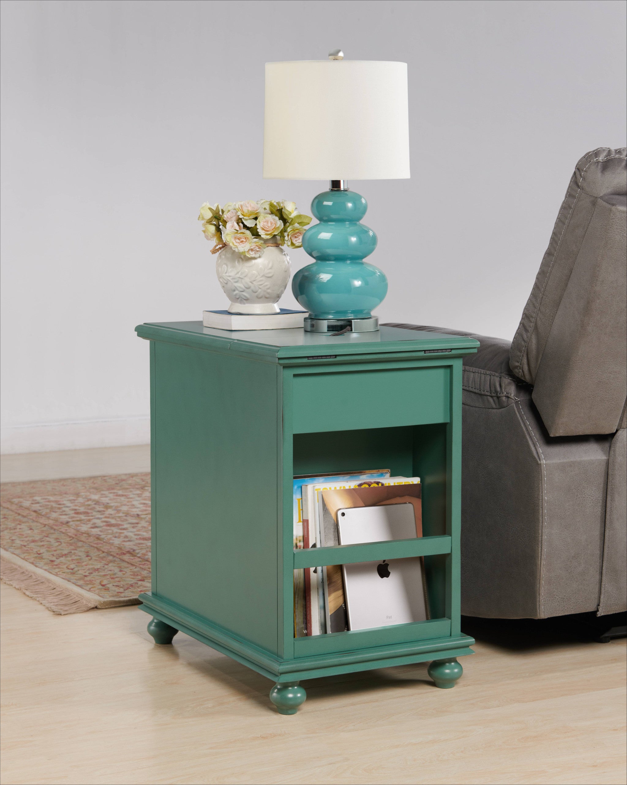25" Teal Blue Solid Manufactured Wood End Table With Drawer