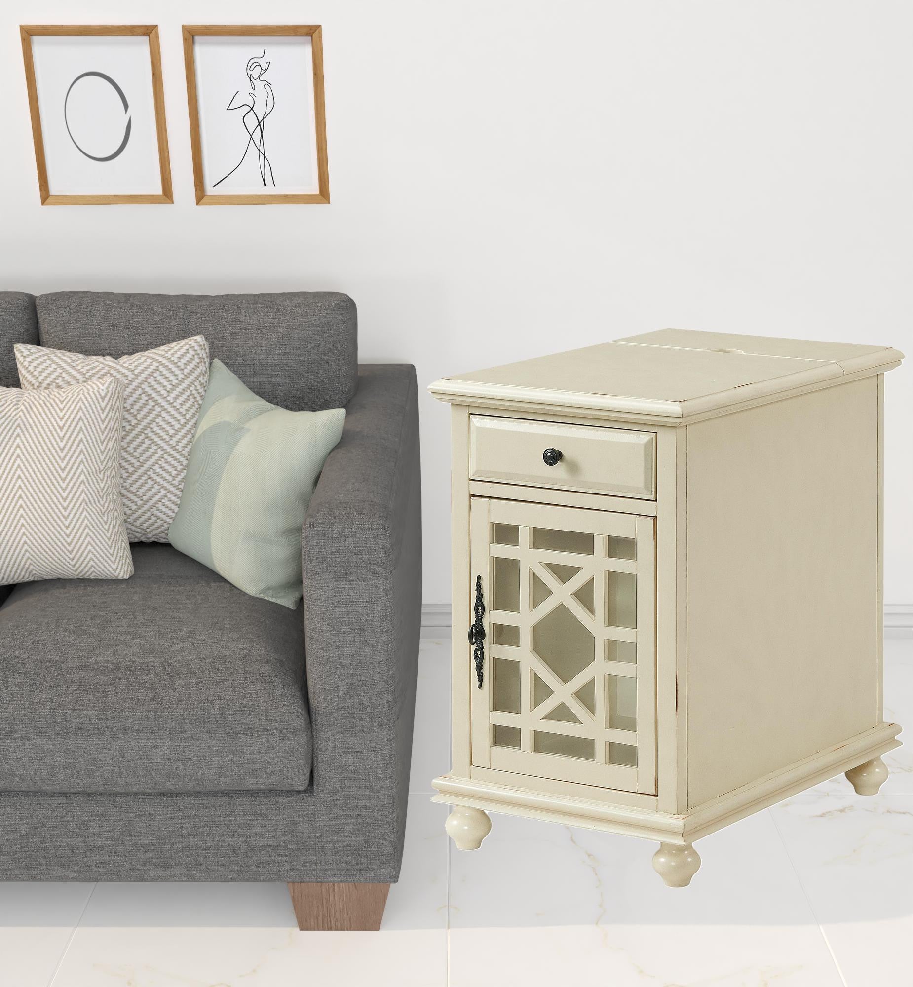 25" Antiqued White Solid Manufactured Wood End Table With Drawer