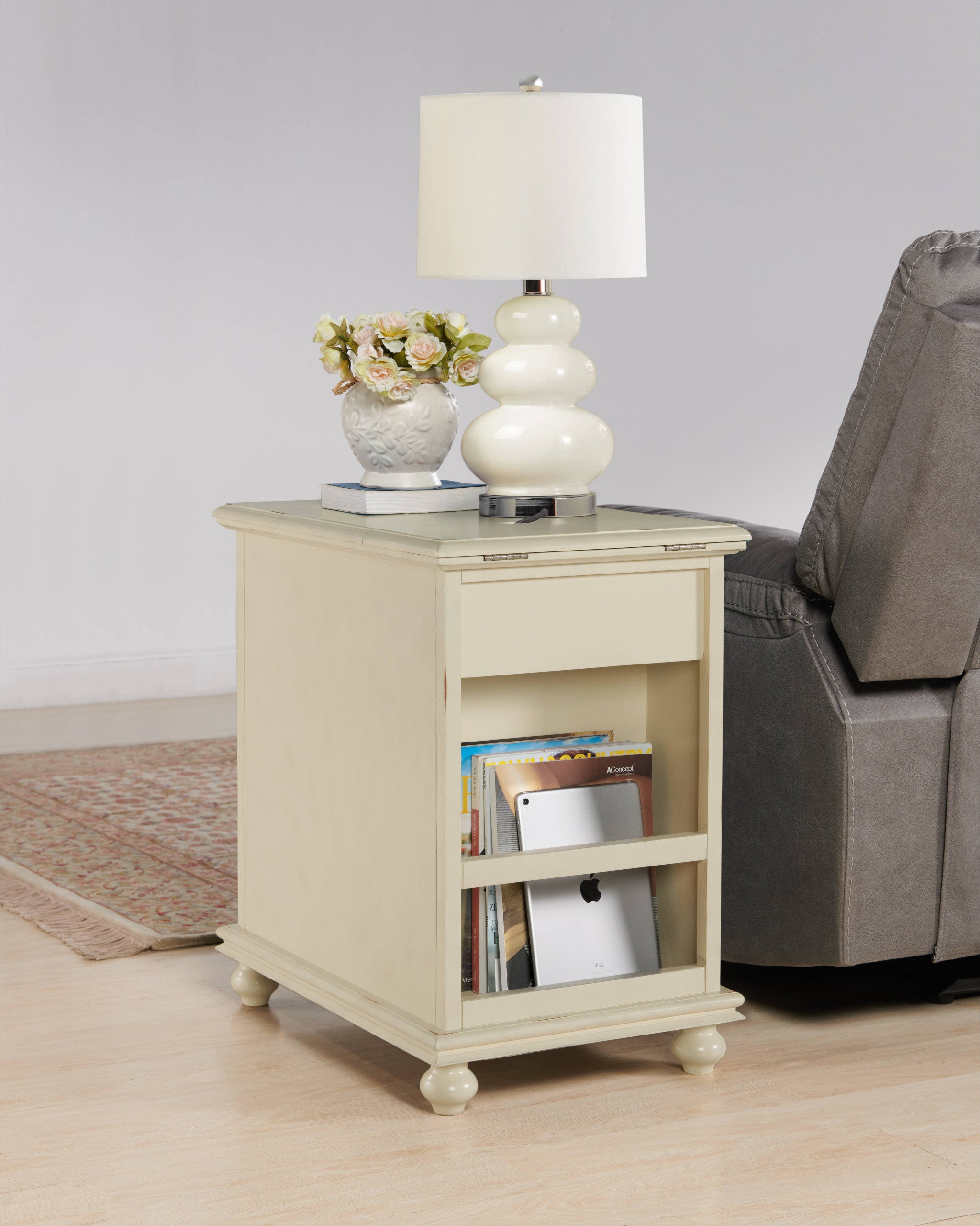 25" Antiqued White Solid Manufactured Wood End Table With Drawer