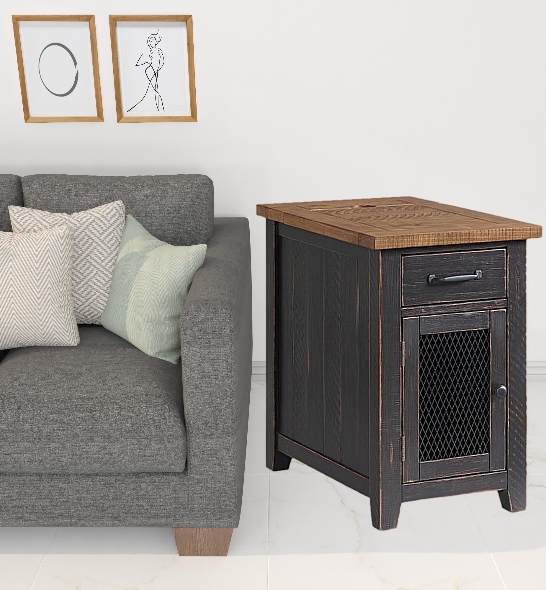 Black And Dark Brown Solid Wood End Table With Drawer 25"