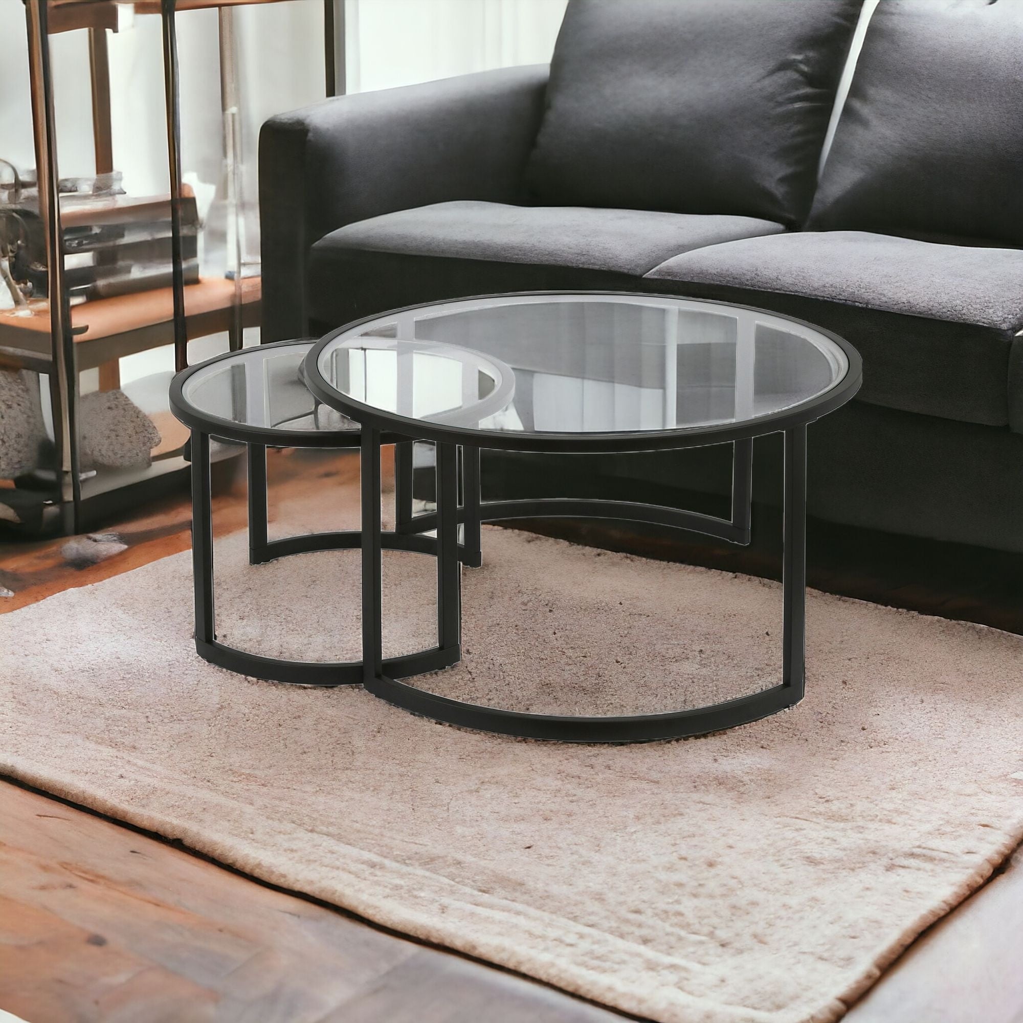 Black Glass Round Nested Coffee Tables Set Of Two 36"