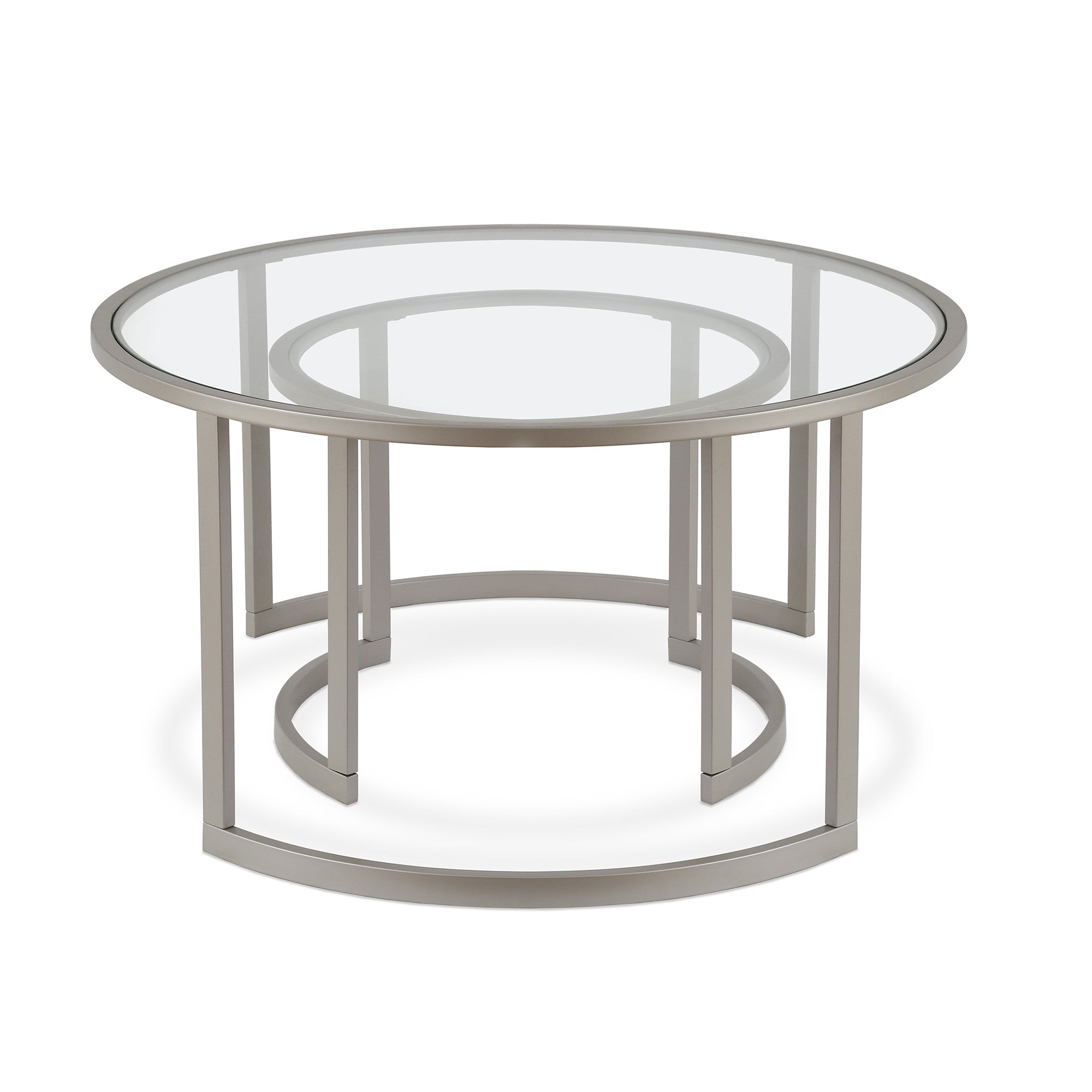 Set Of Two 36" Nickel and Glass Round Nested Coffee Tables