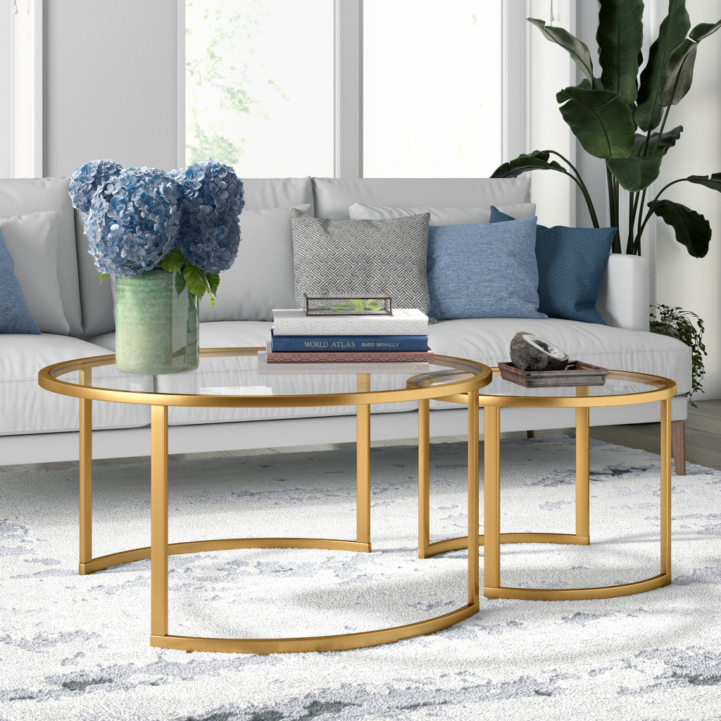 Set Of Two 36" Gold and Glass Round Nested Coffee Tables