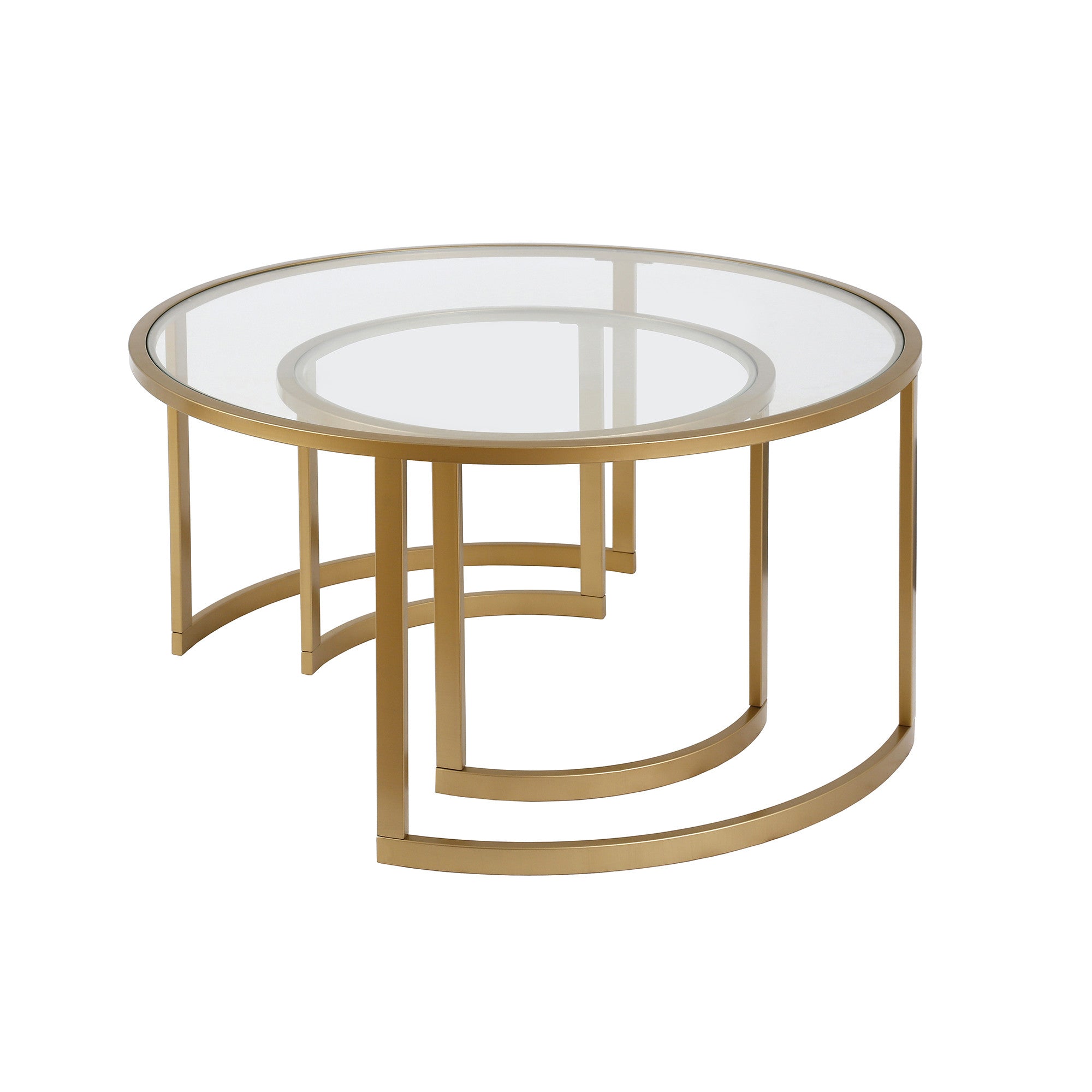 Set Of Two 36" Gold and Glass Round Nested Coffee Tables