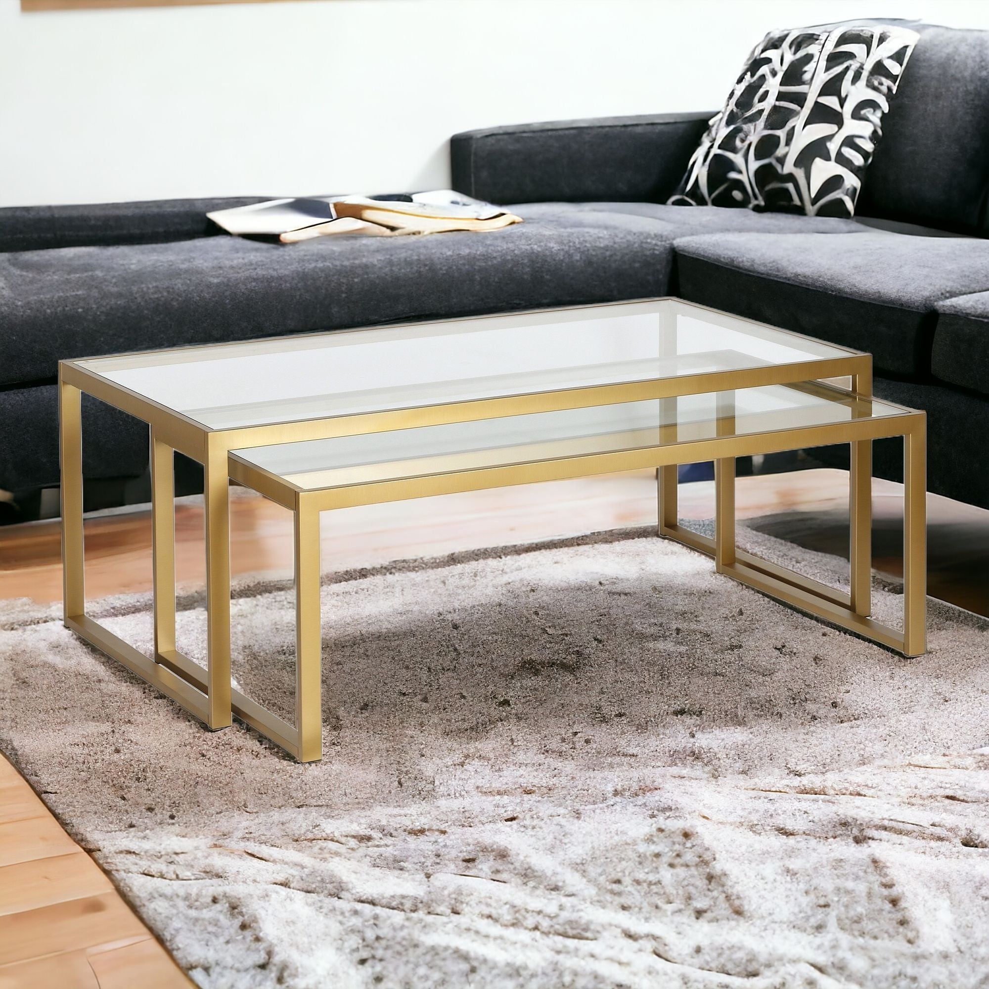 Set Of Two 46" Gold Glass Rectangular Nested Coffee Tables