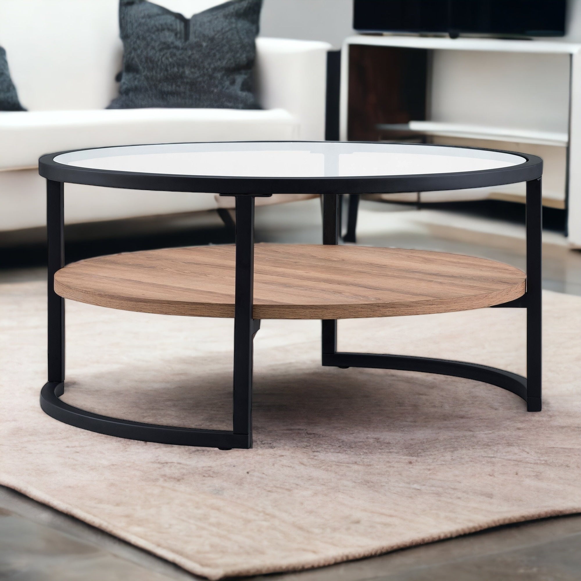 Black Brown and Glass Round Coffee Table With Shelf 34"