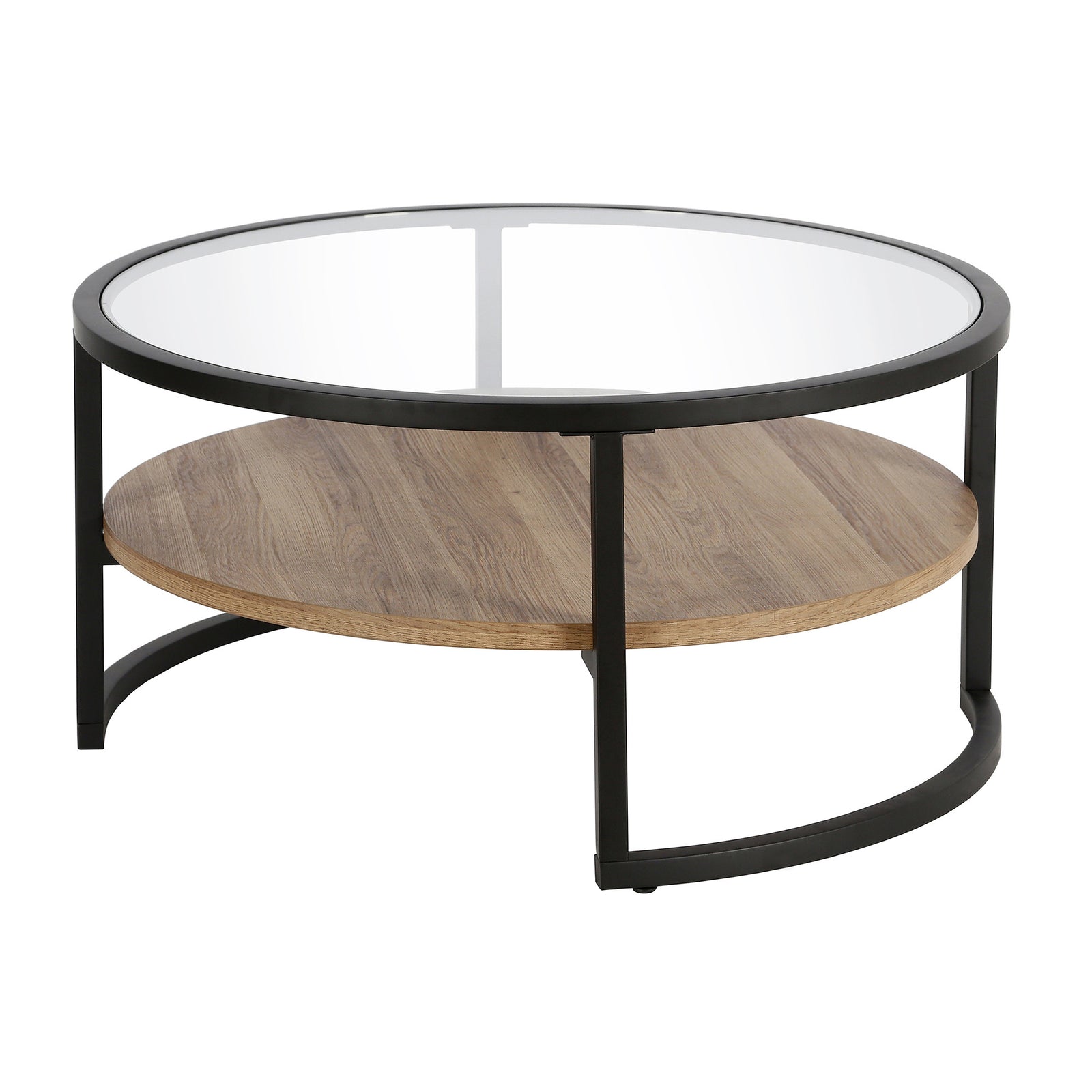 34" Black Brown and Glass Round Coffee Table With Shelf