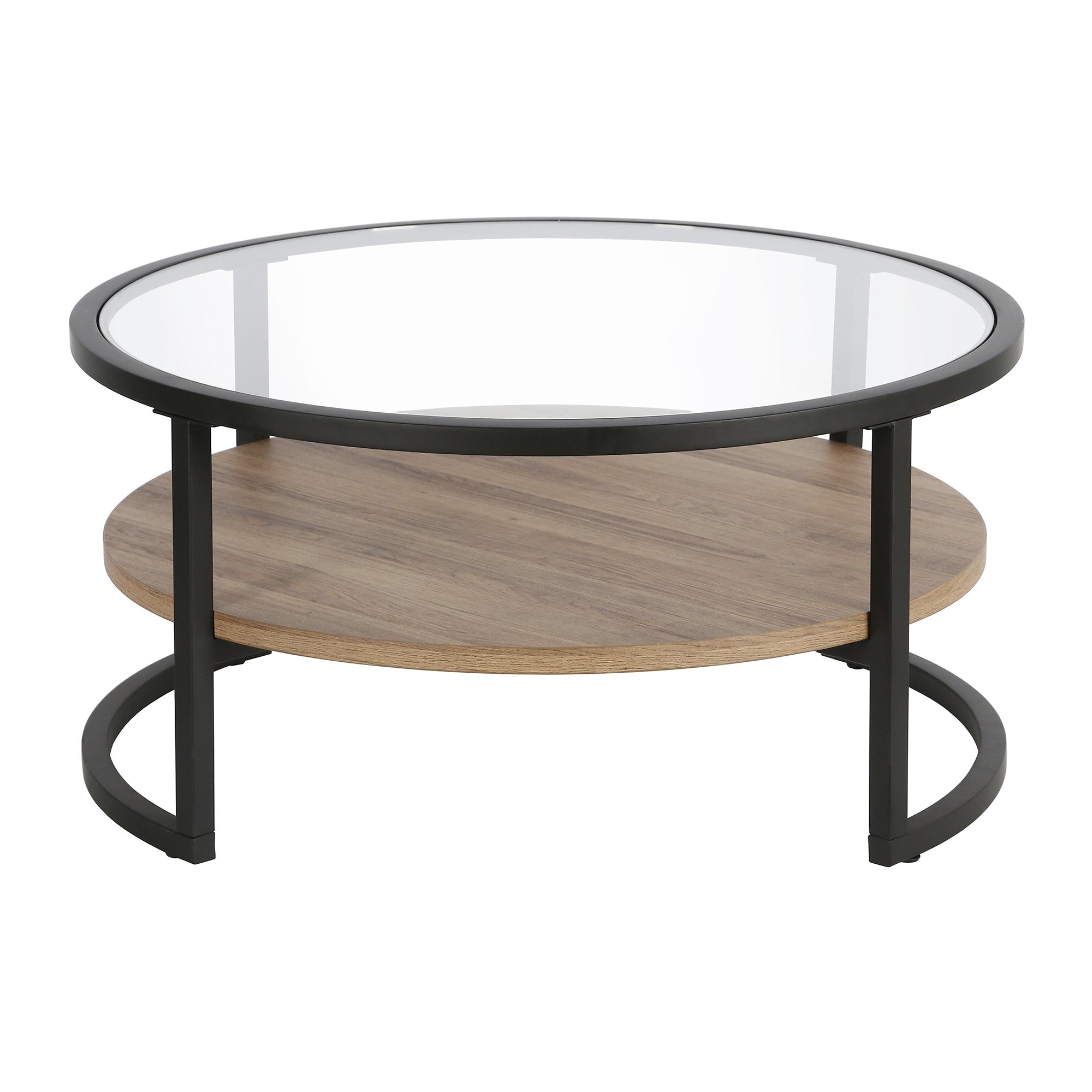 Black Brown and Glass Round Coffee Table With Shelf 34"