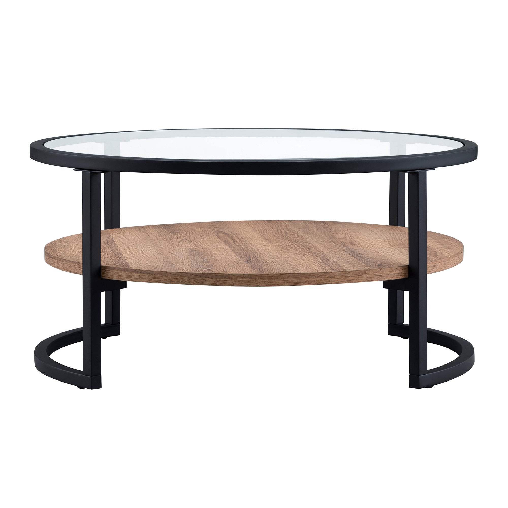 Black Brown and Glass Round Coffee Table With Shelf 34"