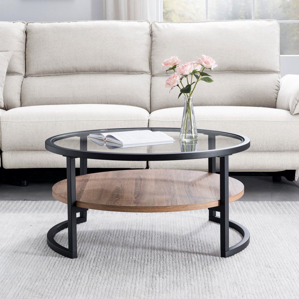 Black Brown and Glass Round Coffee Table With Shelf 34"