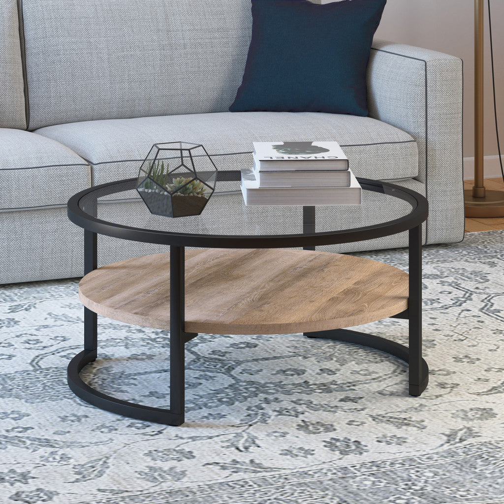Black Glass Round Coffee Table With Shelf 34"