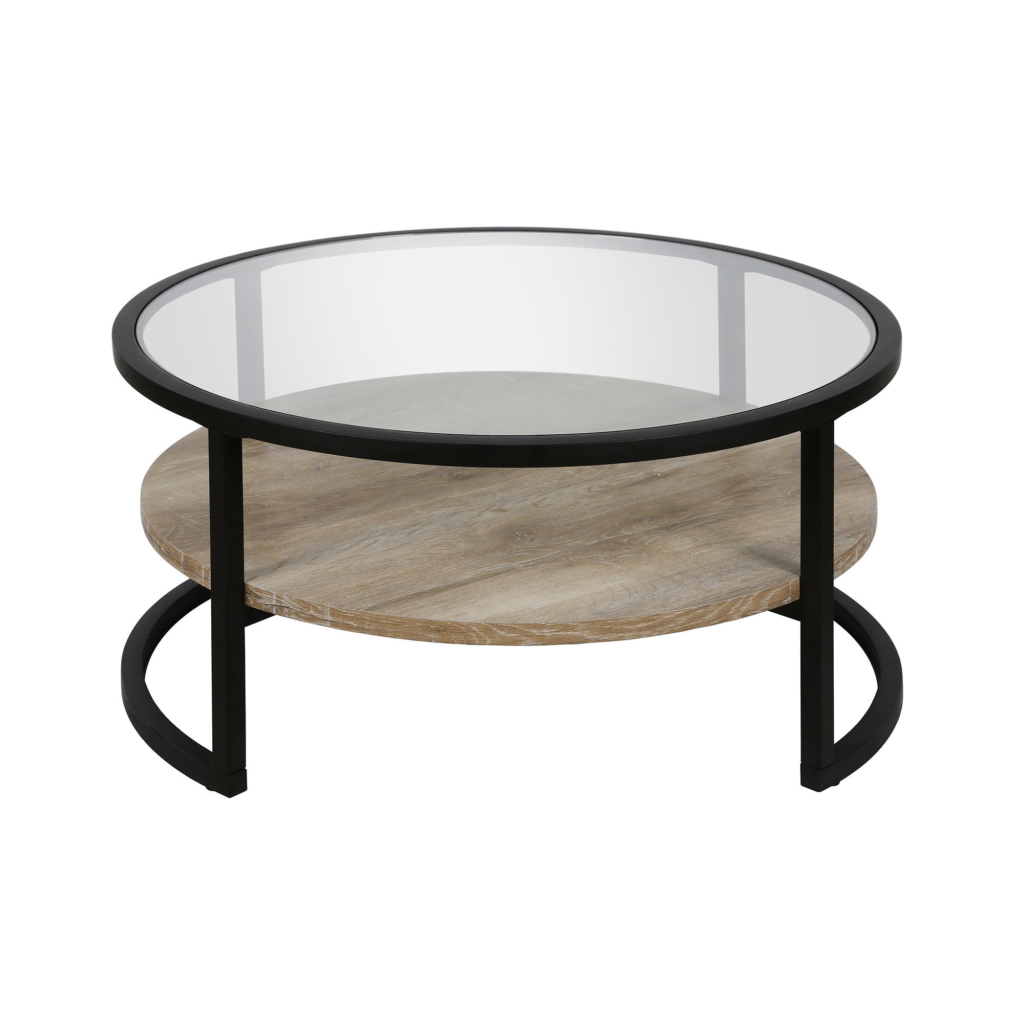 Black Glass Round Coffee Table With Shelf 34"