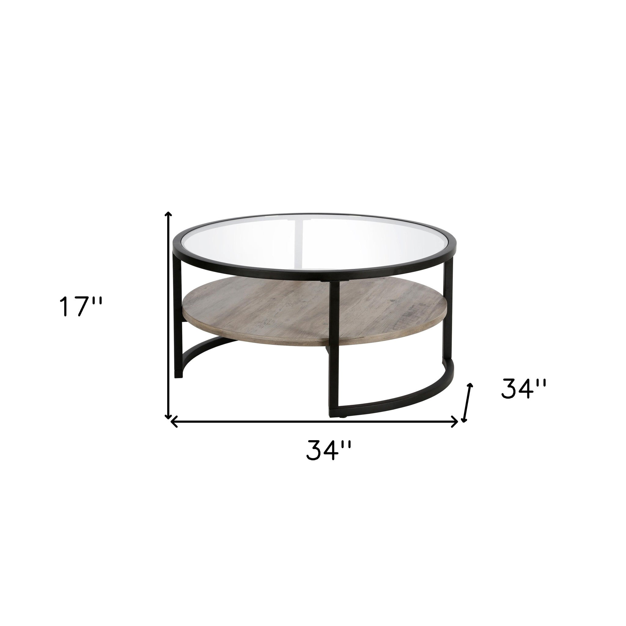 Black Glass and Gray Round Coffee Table With Shelf 34"