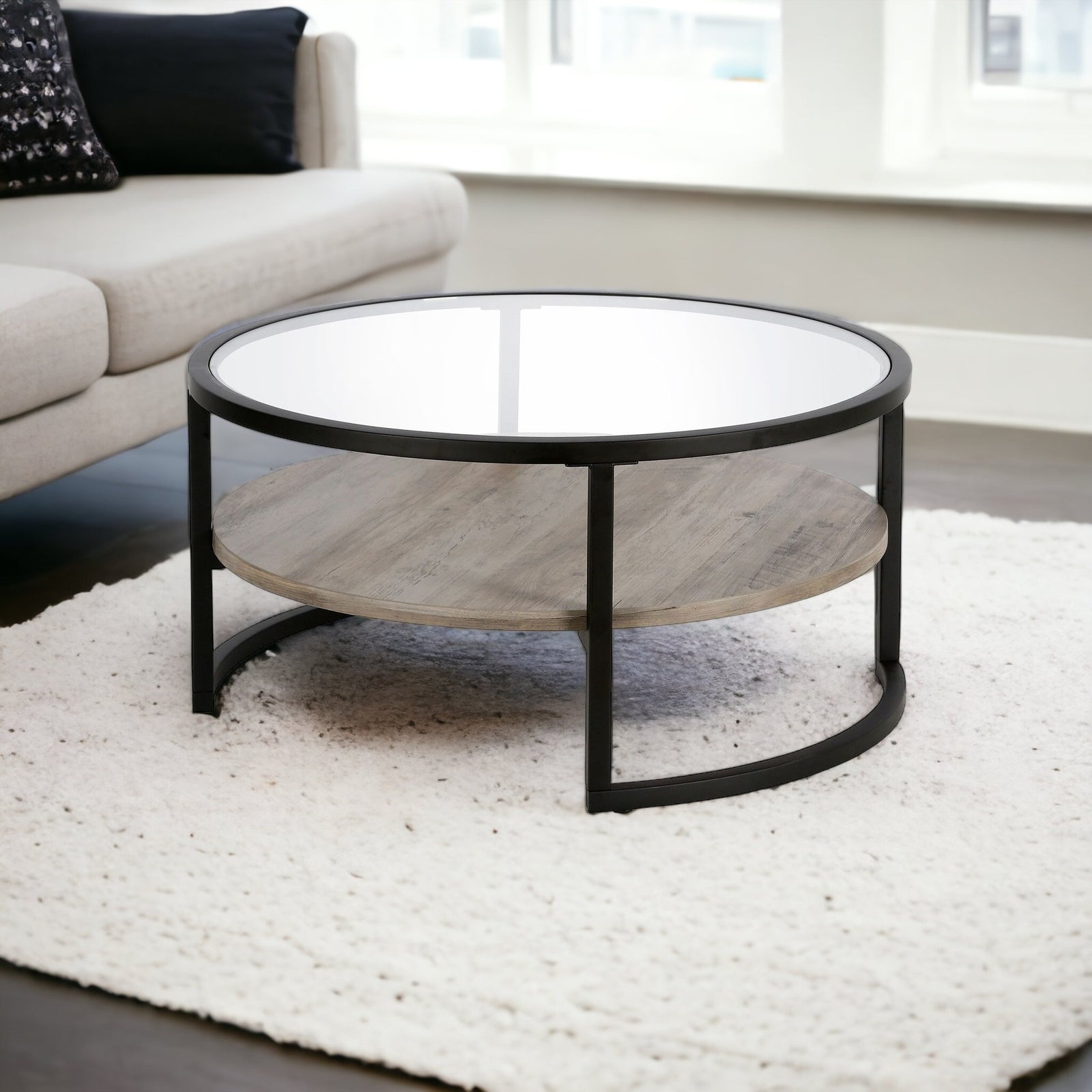 34" Black Glass and Gray Round Coffee Table With Shelf