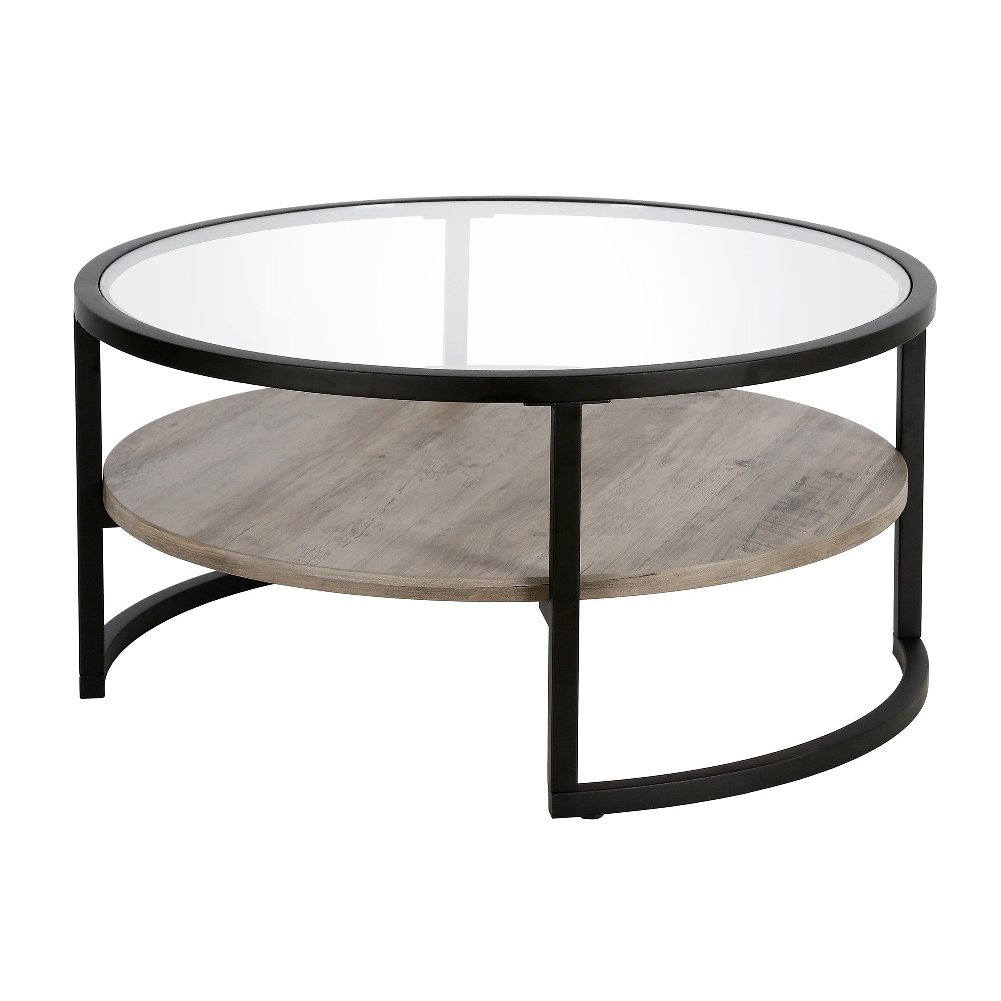 Black Glass and Gray Round Coffee Table With Shelf 34"