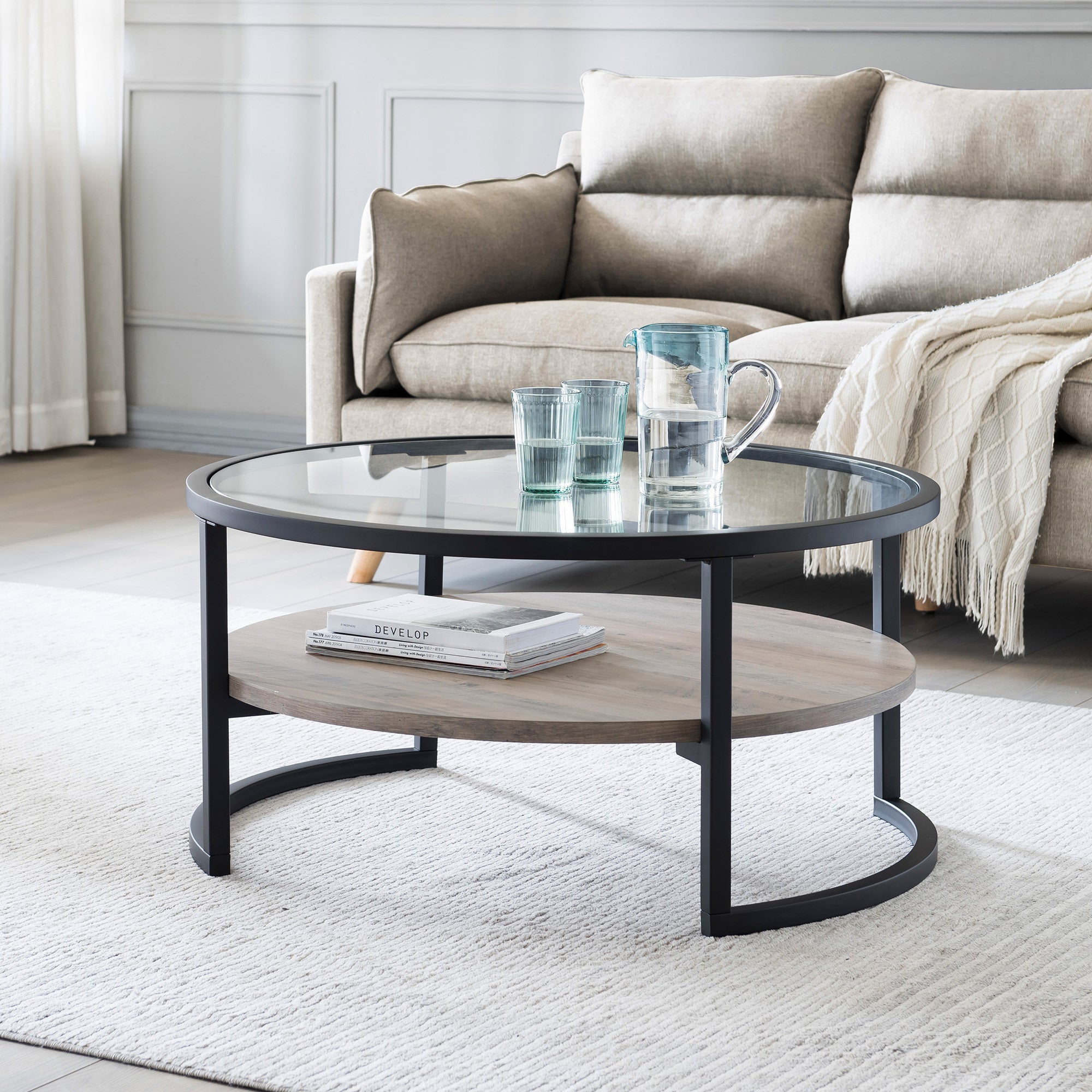 Black Glass and Gray Round Coffee Table With Shelf 34"