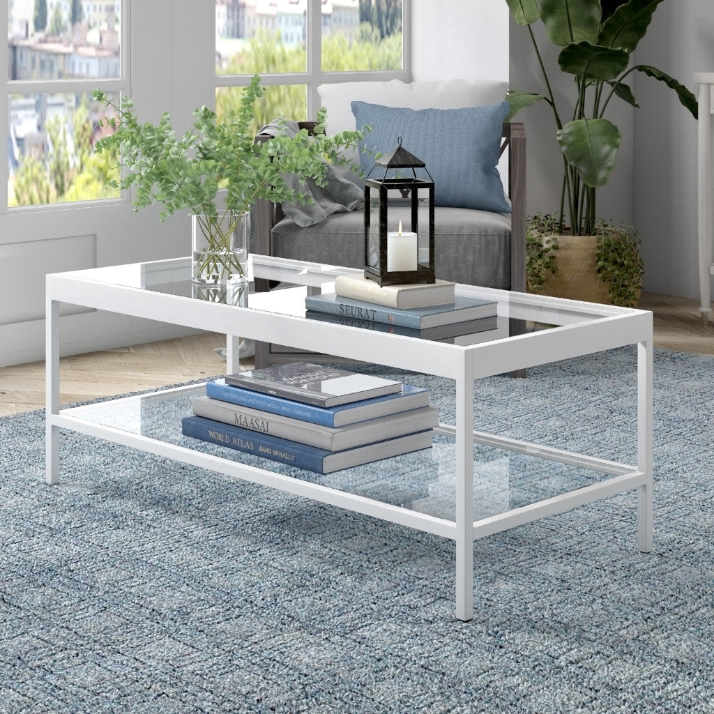 45" White and Glass Rectangular Coffee Table With Shelf