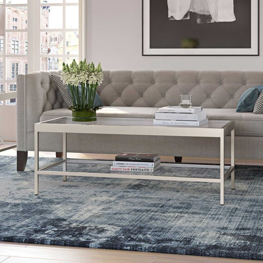 45" Silver and Glass Rectangular Coffee Table With Shelf