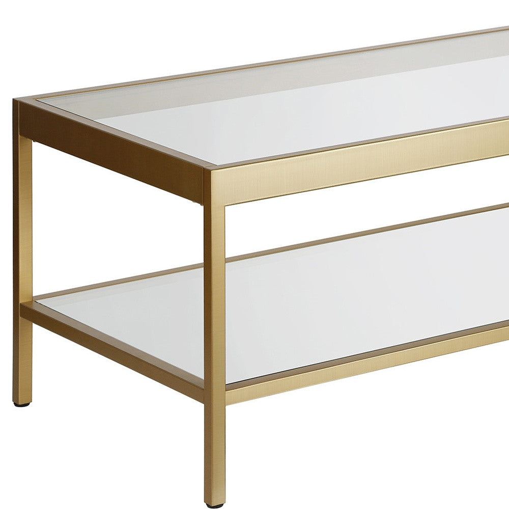 45" Gold and Glass Rectangular Coffee Table With Shelf