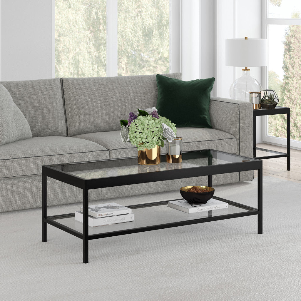 Black and Glass Rectangular Coffee Table With Shelf 45"