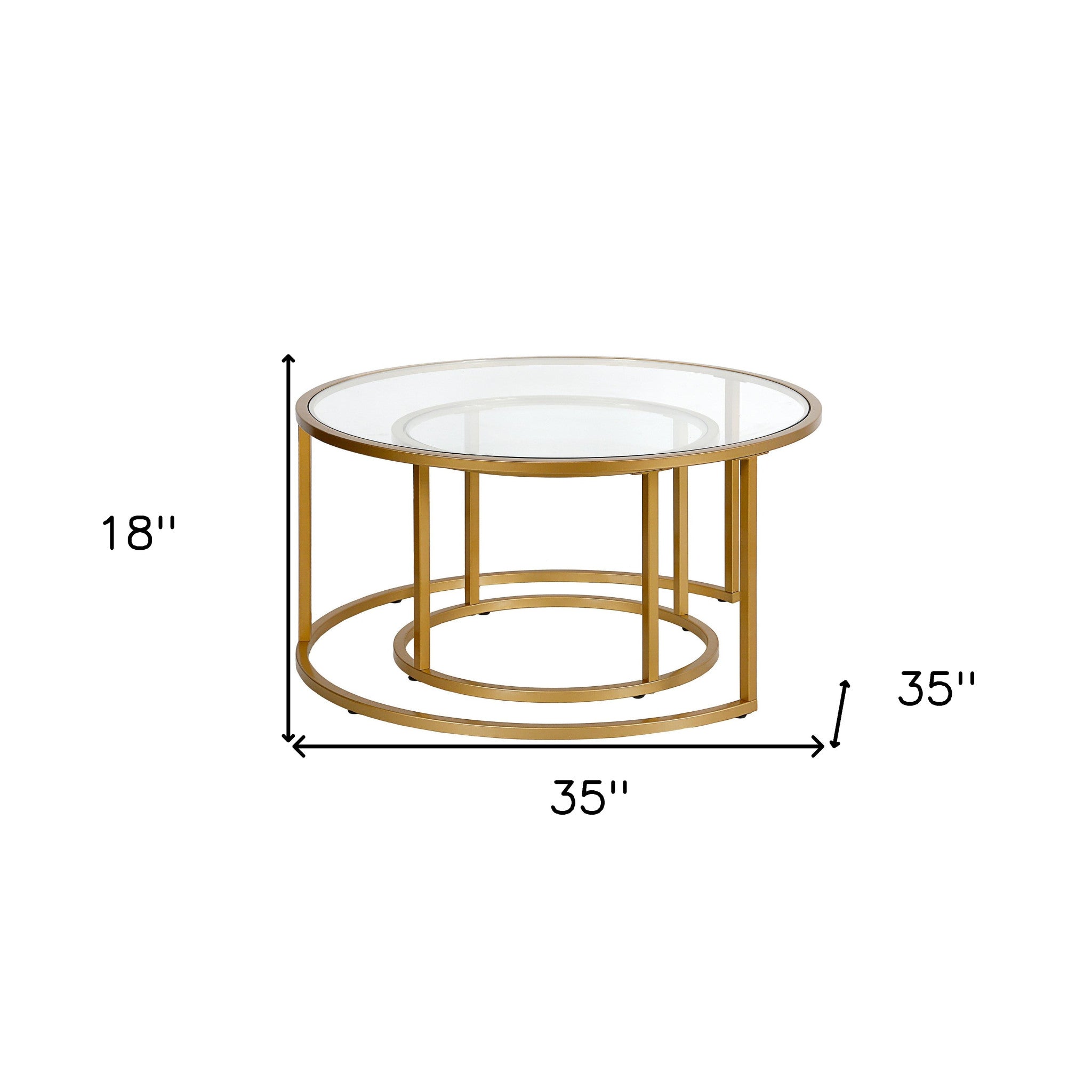 Set Of Two 35" Gold Glass Round Nested Coffee Tables