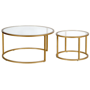 Set Of Two 35" Gold Glass Round Nested Coffee Tables