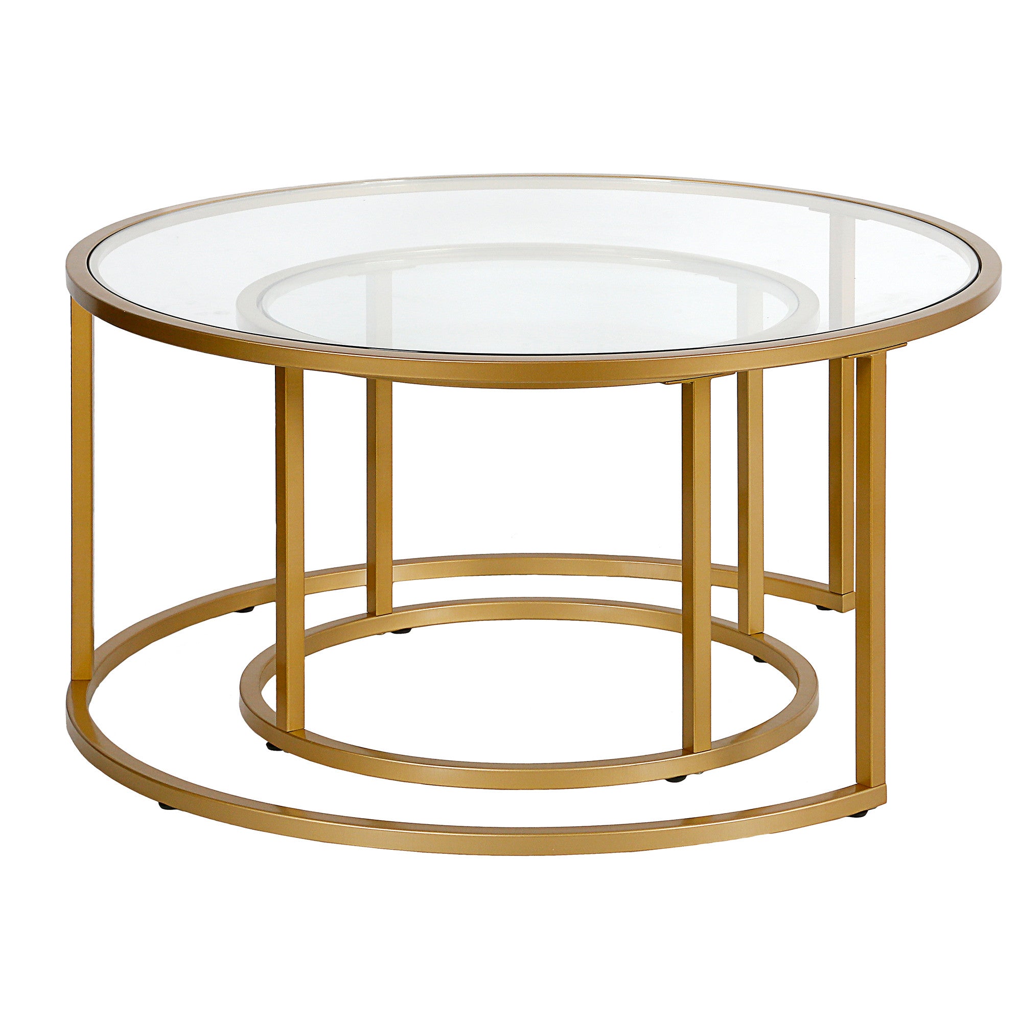 Set Of Two 35" Gold Glass Round Nested Coffee Tables