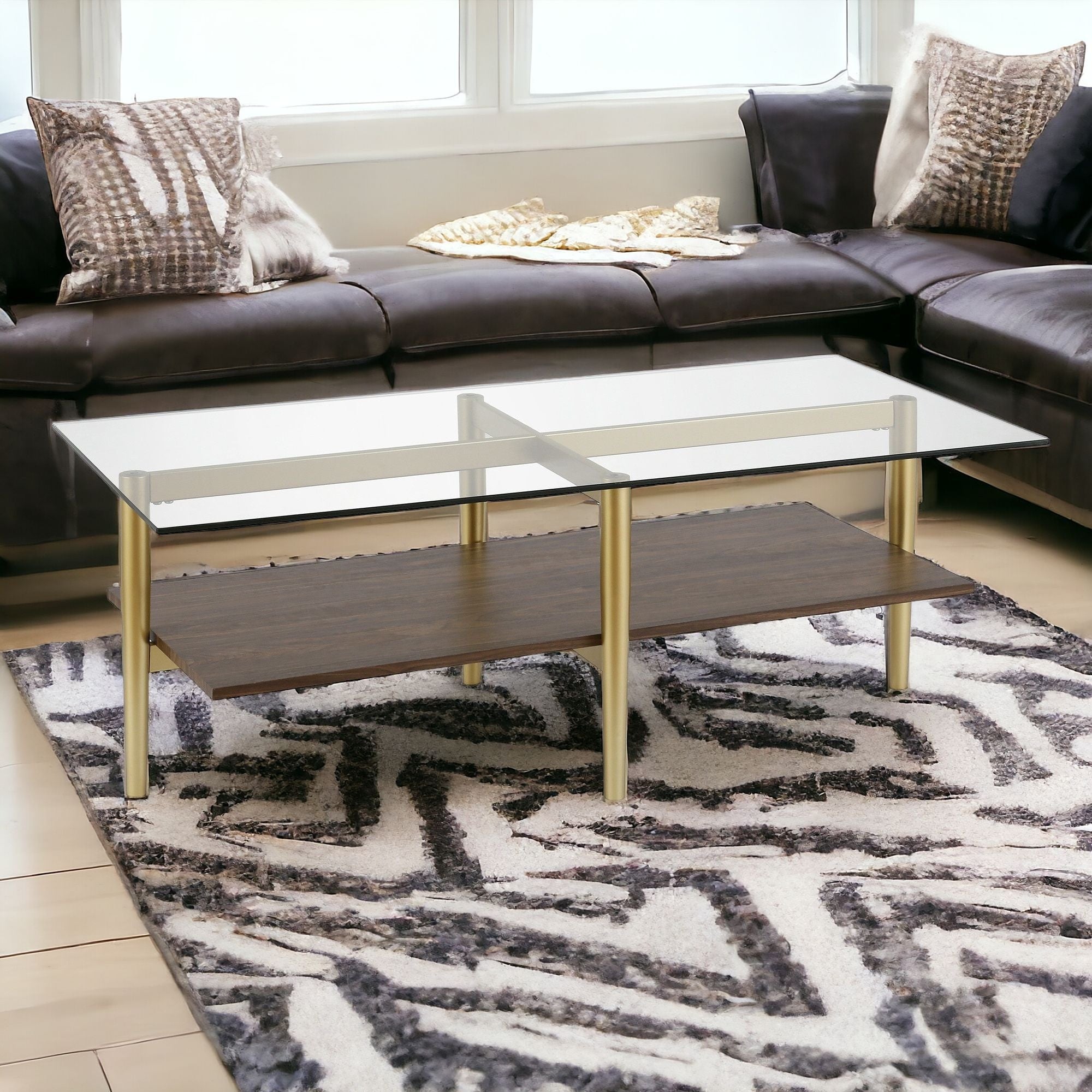 47" Gold Glass and Walnut Rectangular Coffee Table With Shelf