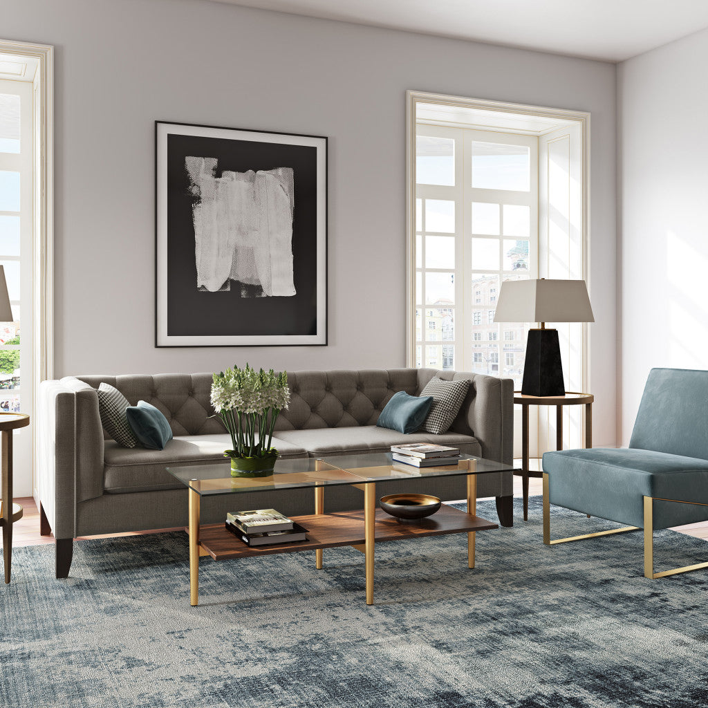 47" Gold Glass and Walnut Rectangular Coffee Table With Shelf