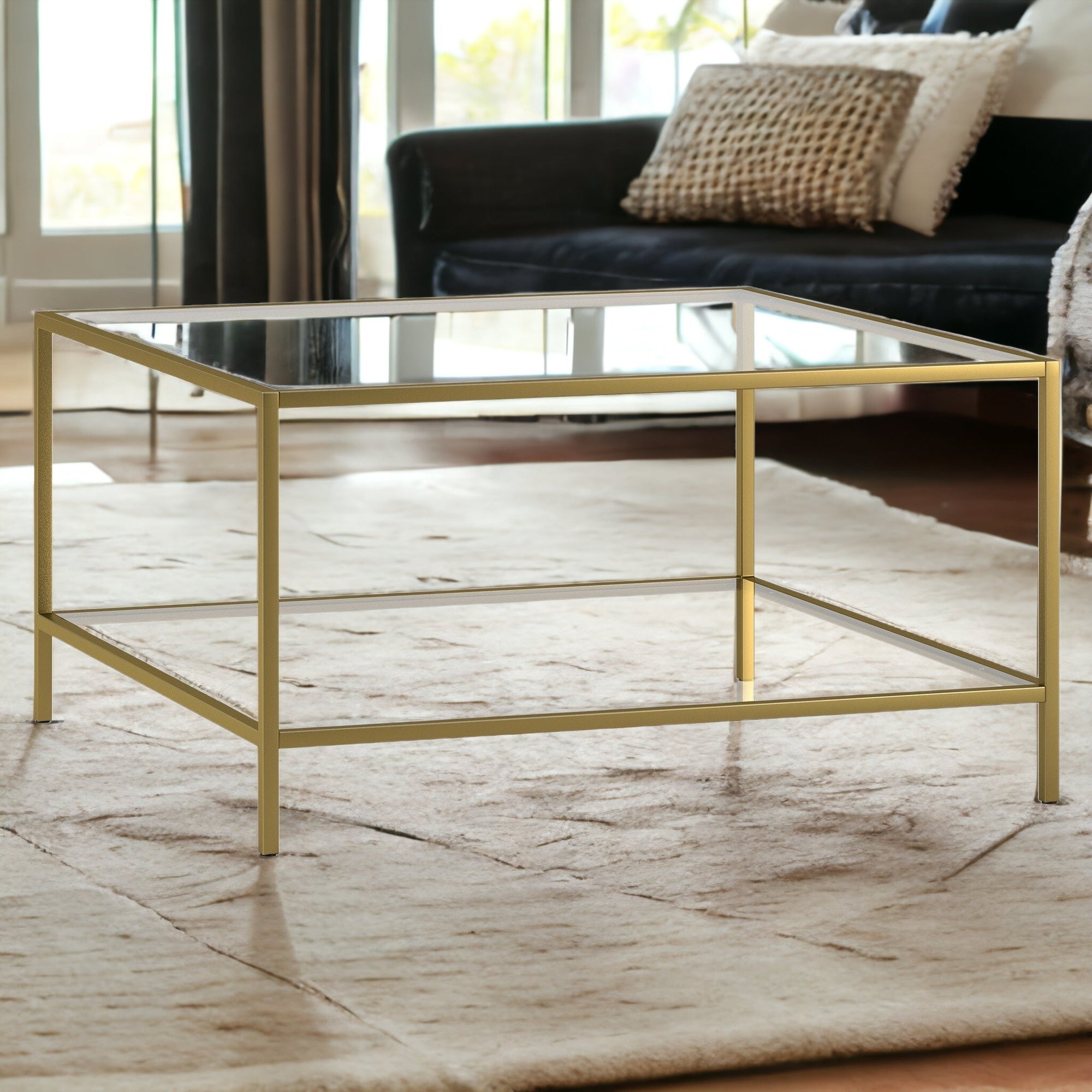 32" Gold and Glass Square Coffee Table With Shelf