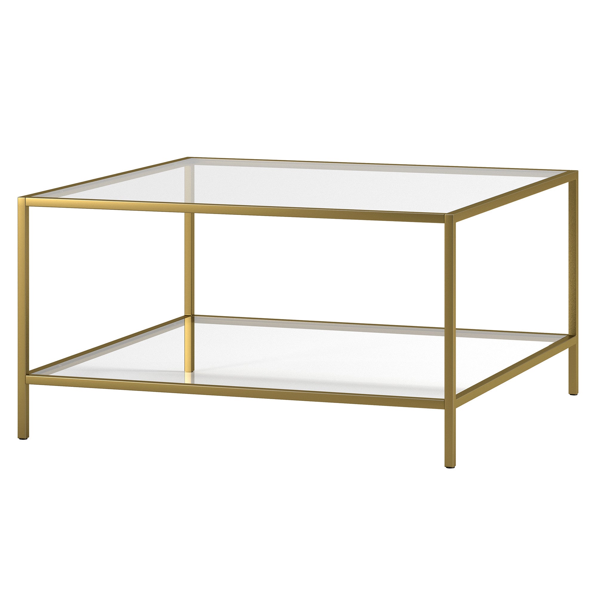 32" Gold and Glass Square Coffee Table With Shelf
