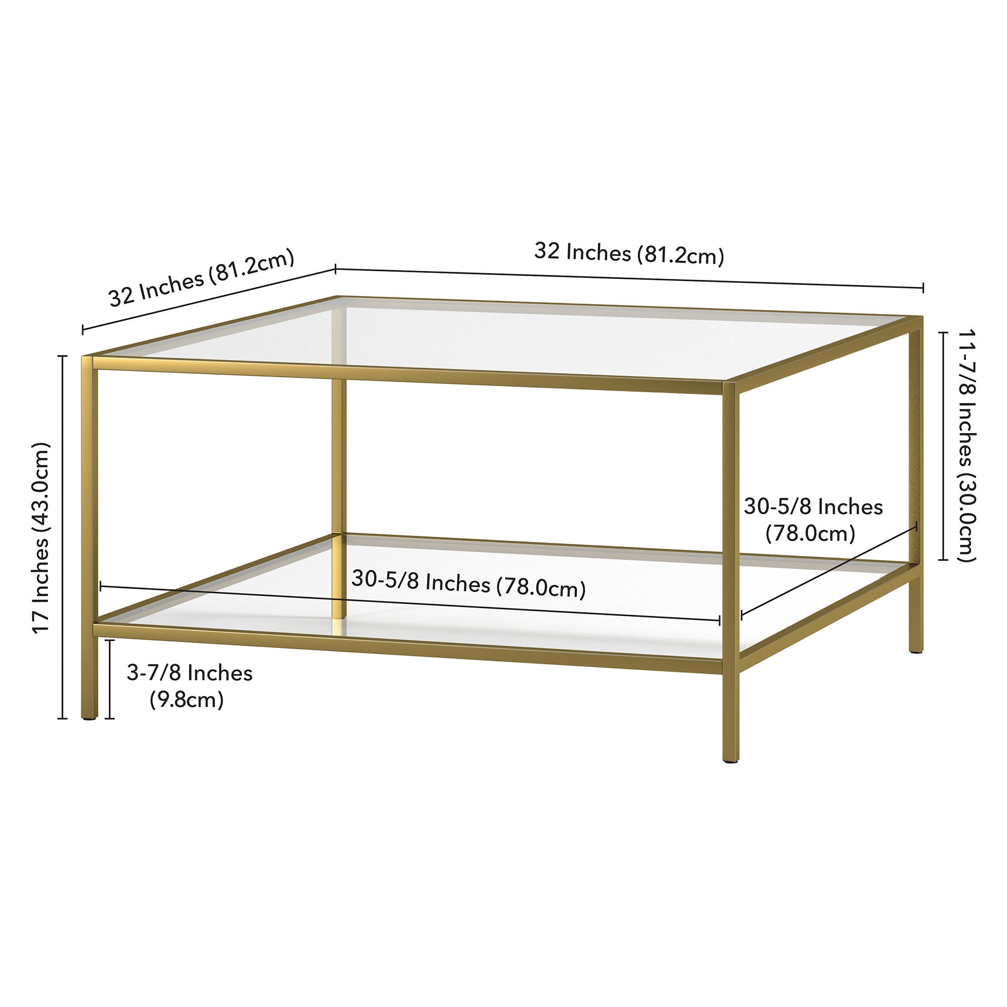 32" Gold and Glass Square Coffee Table With Shelf