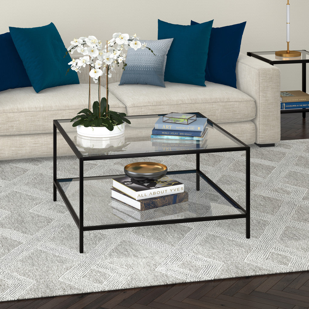 Black and Glass Square Coffee Table With Shelf 32"