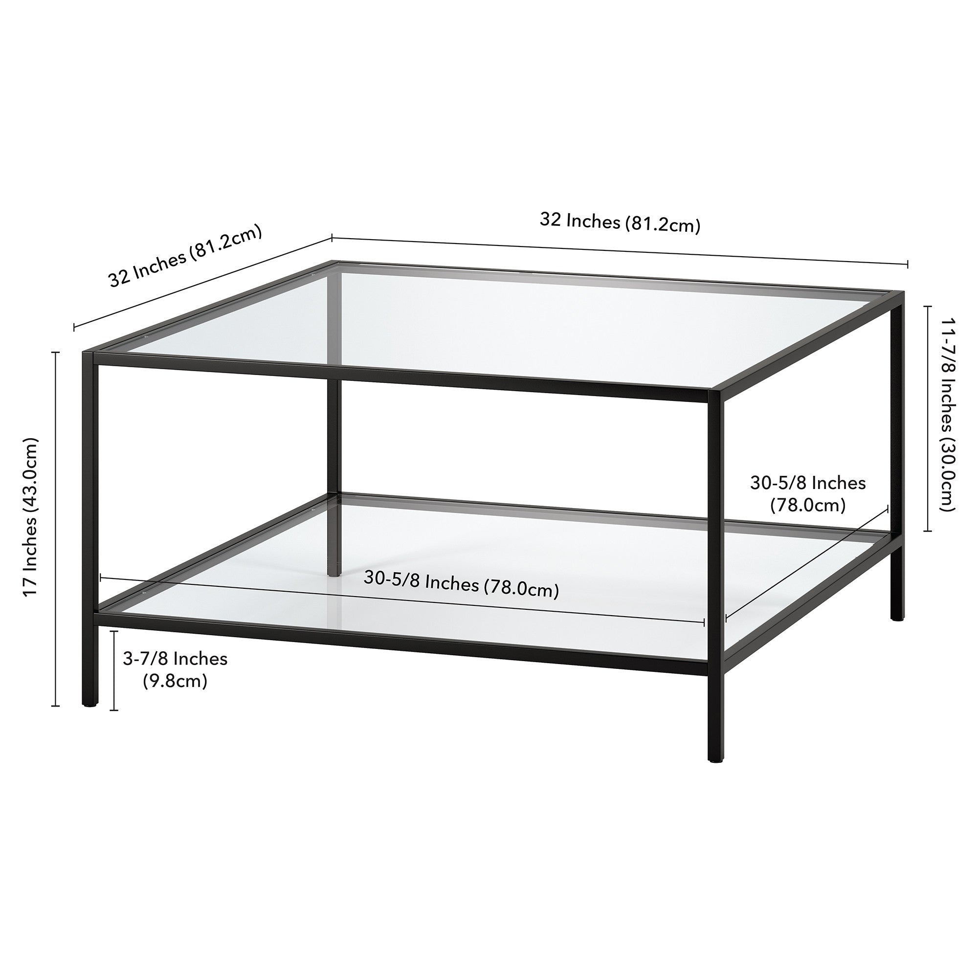 Black and Glass Square Coffee Table With Shelf 32"