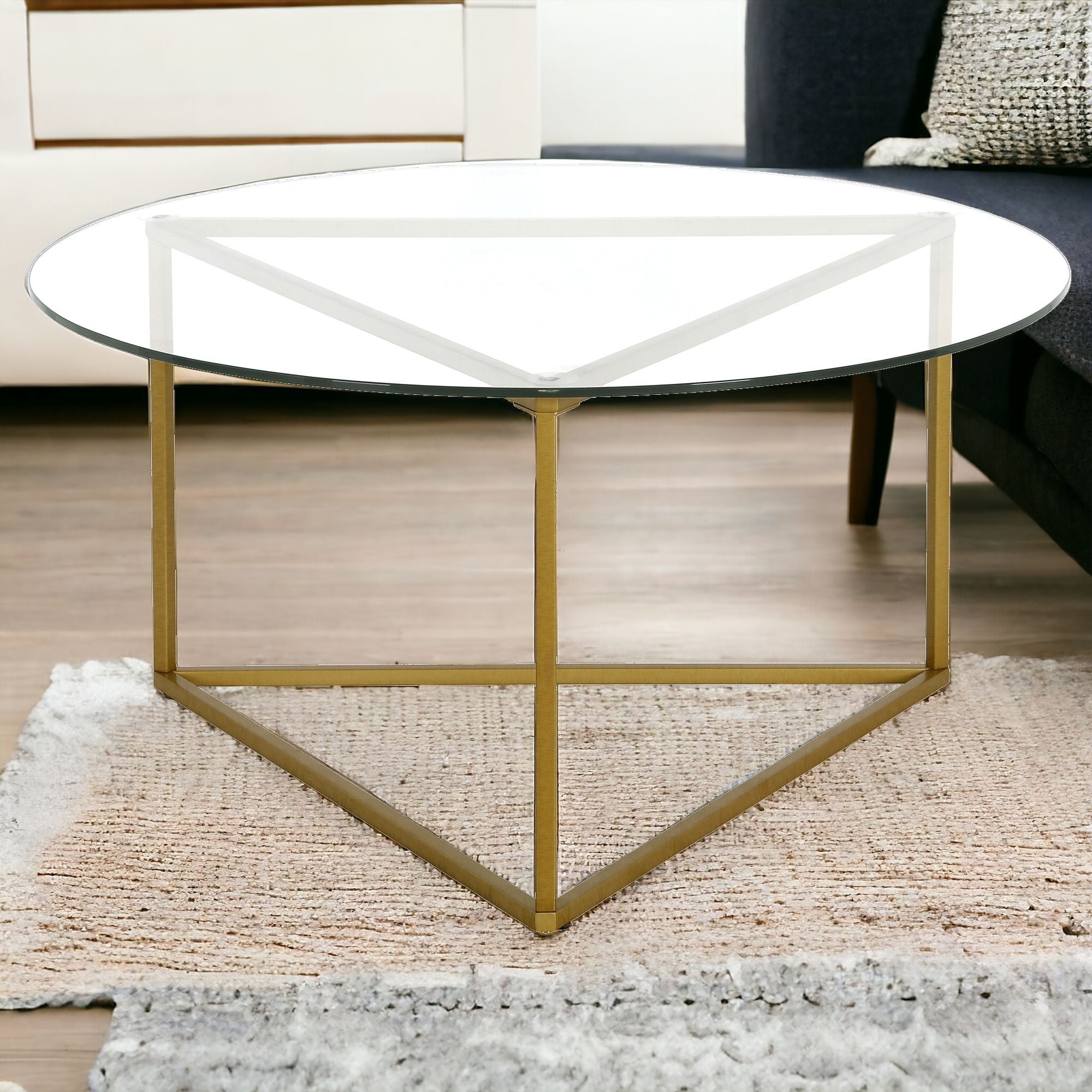 Gold and Glass Round Coffee Table 35"