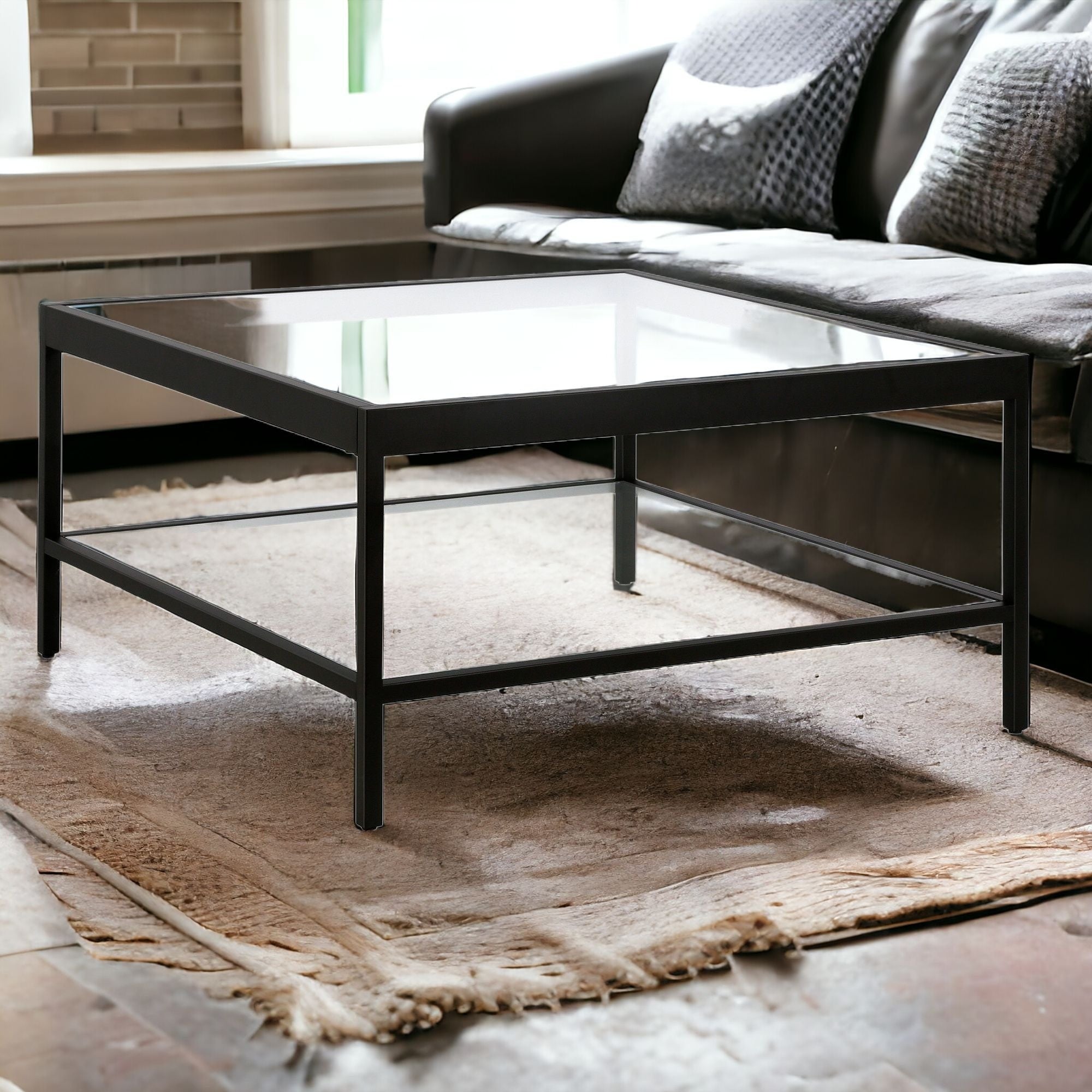 Black Glass Square Coffee Table With Shelf 32"