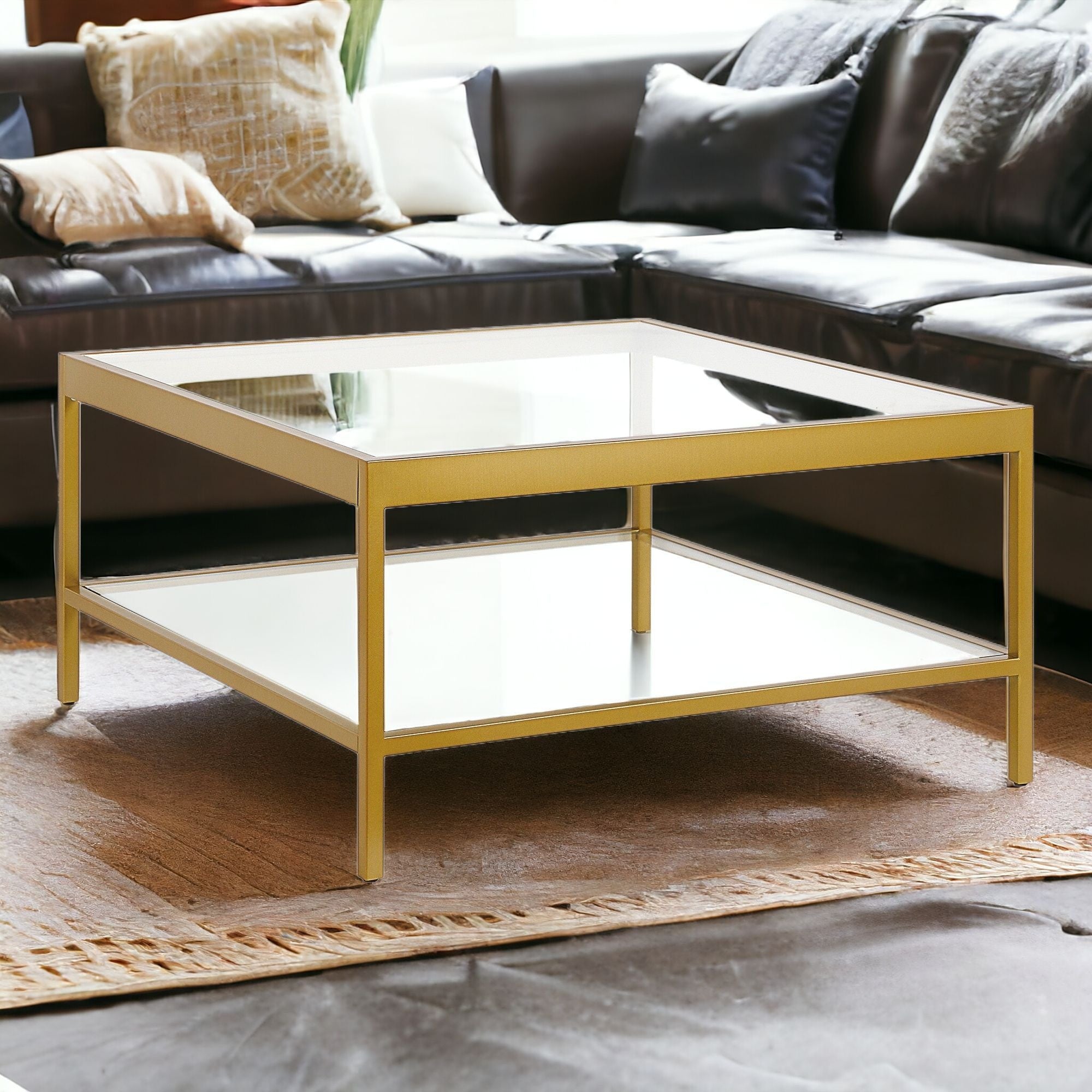 32" Gold Glass Square Coffee Table With Shelf