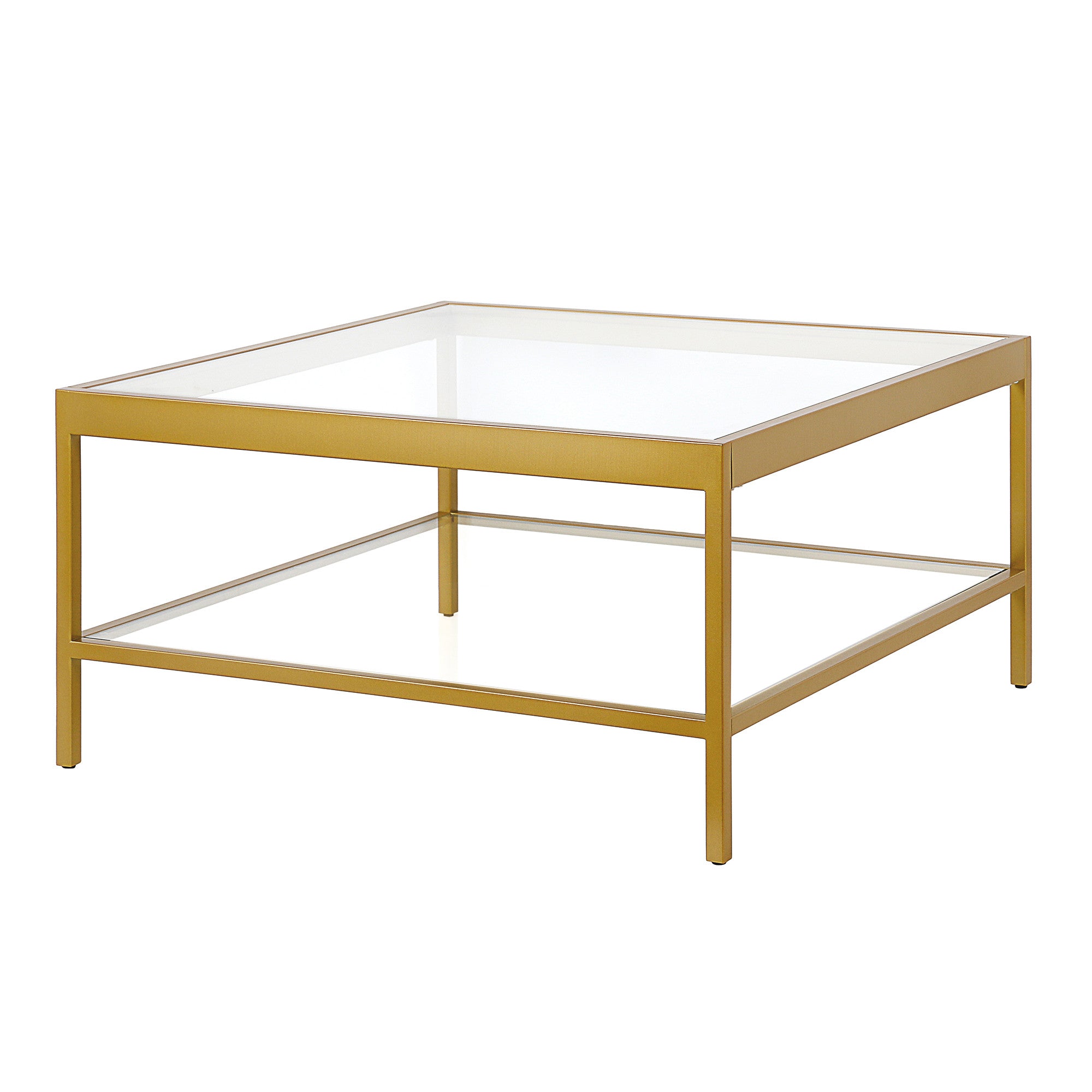 32" Gold Glass Square Coffee Table With Shelf