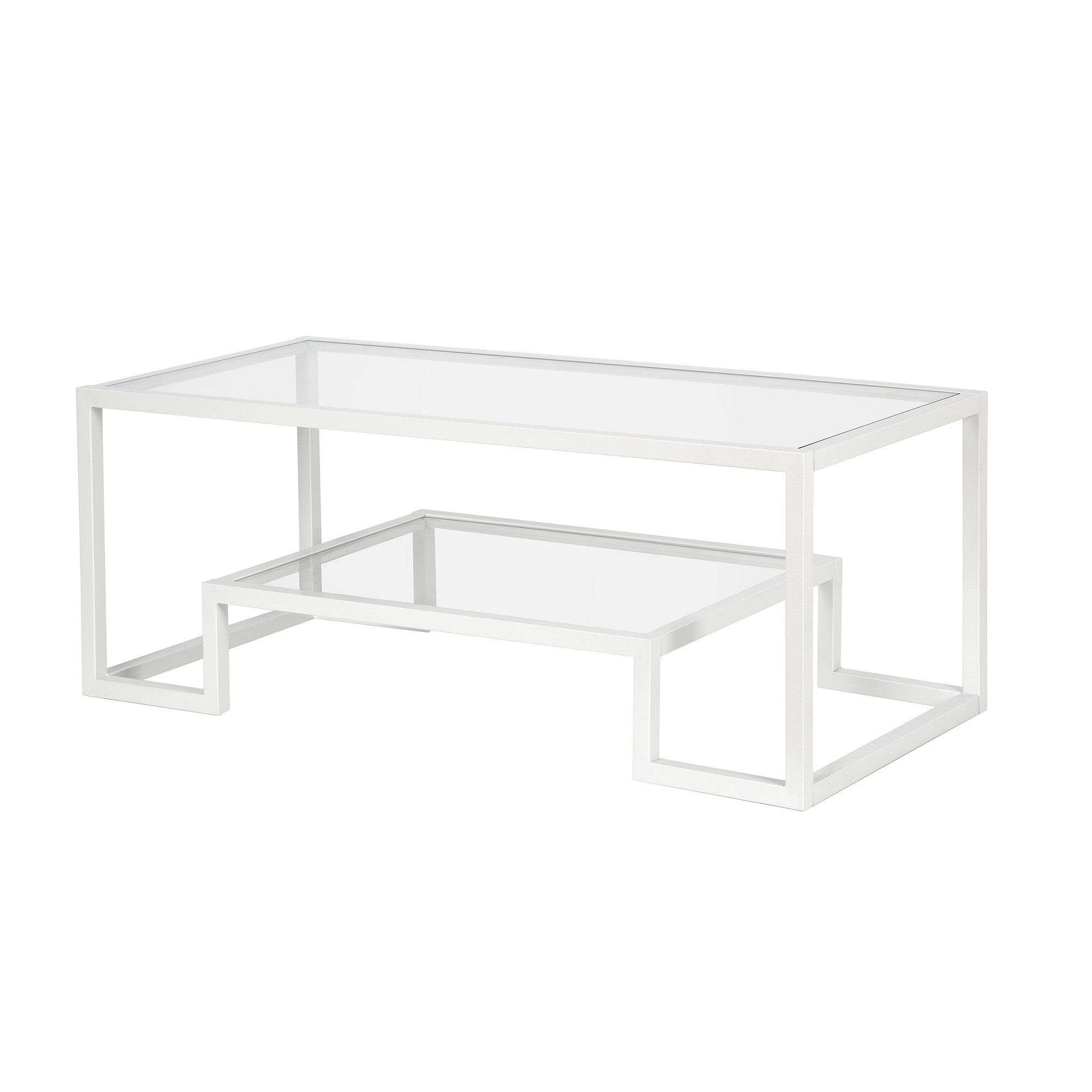 45" White Glass Rectangular Coffee Table With Shelf