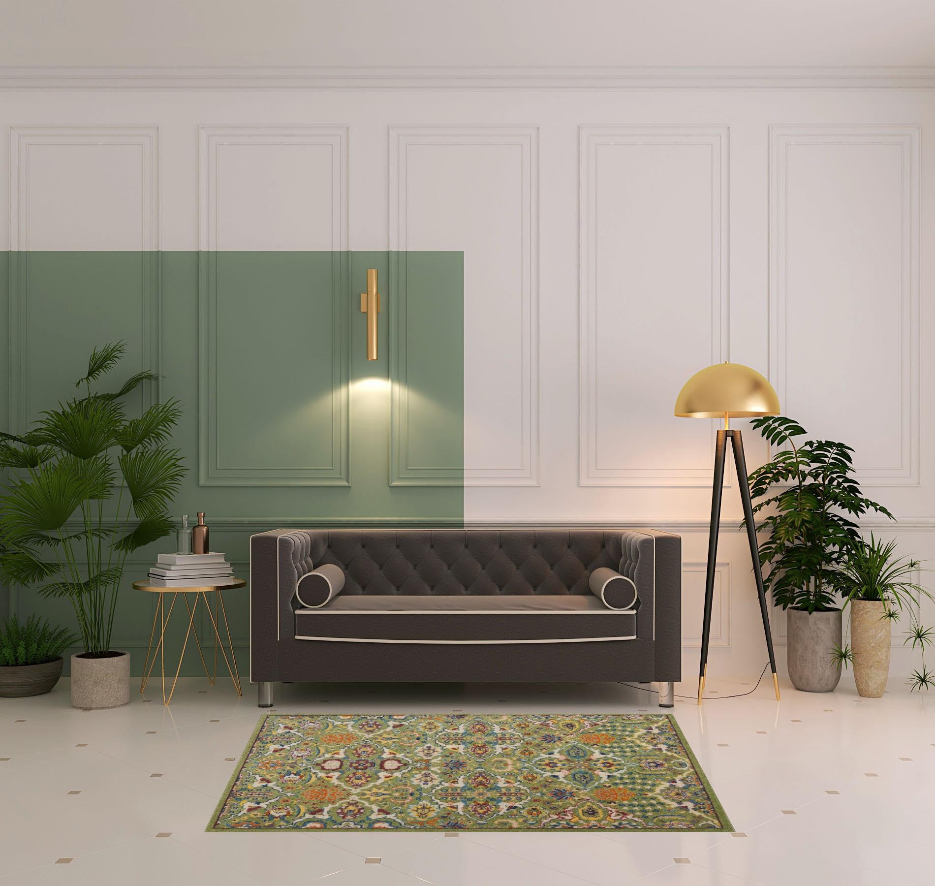 4' X 6' Green Floral Power Loom Area Rug