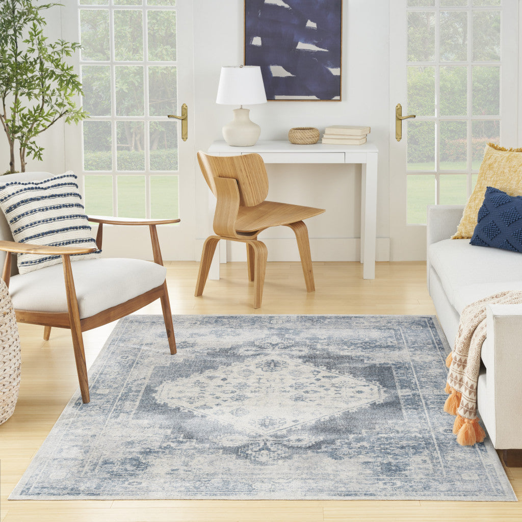 7' X 9' Blue Oriental Power Loom Distressed Washable Area Rug