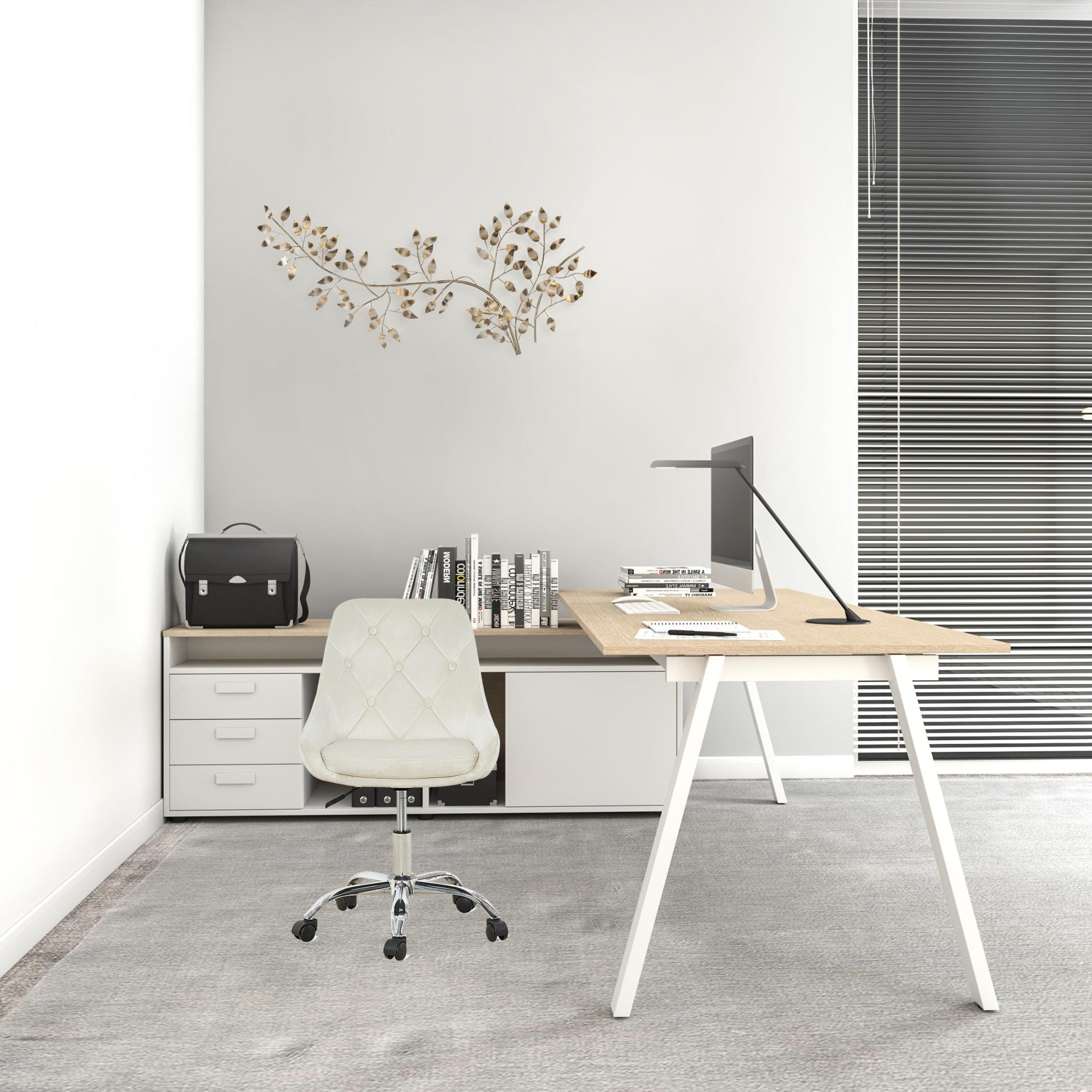 Ivory Tufted Velvet Swivel Adjustable Height Office Desk Chair