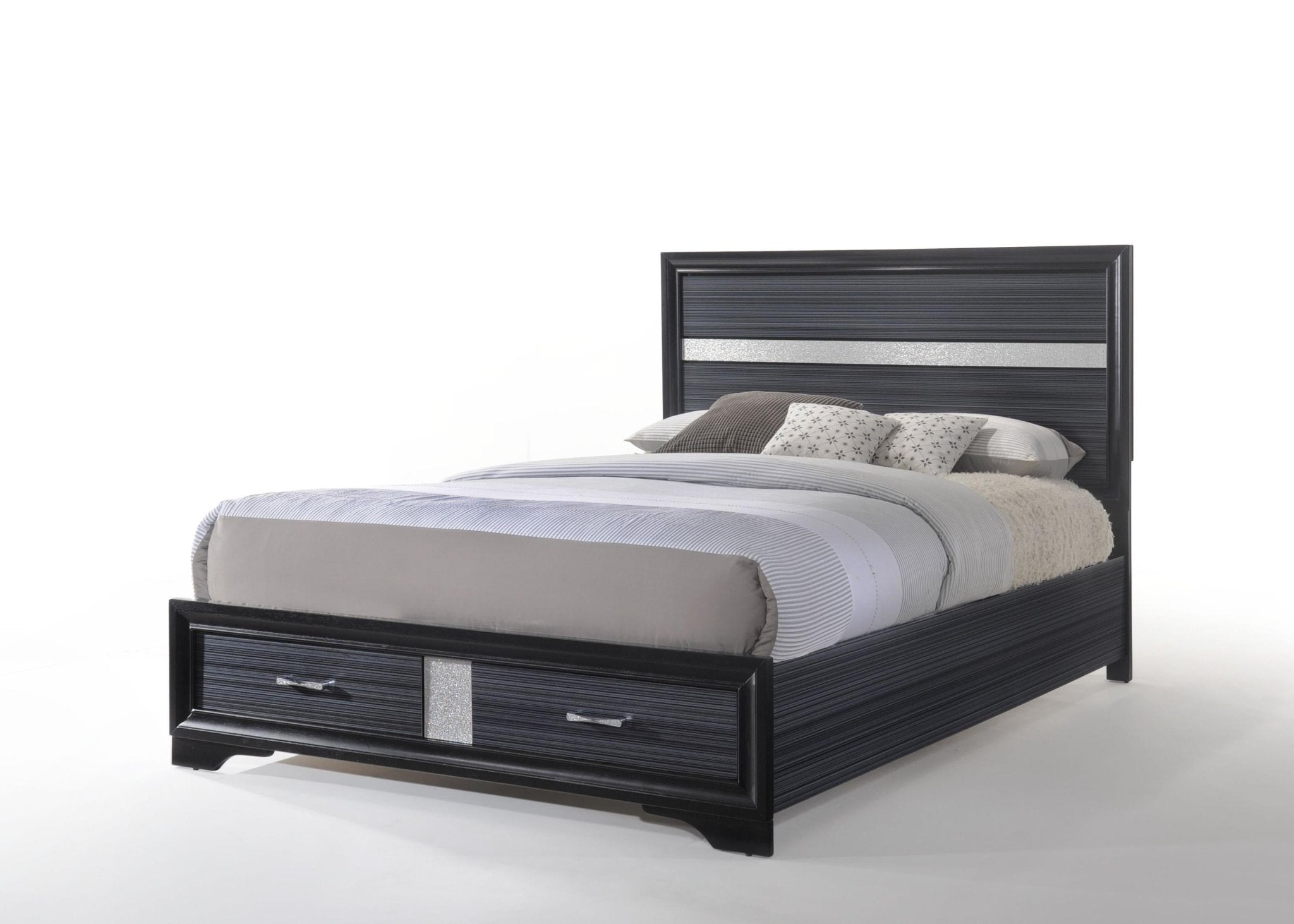 63" X 84" X 50" Black Wood Queen Bed w-Storage