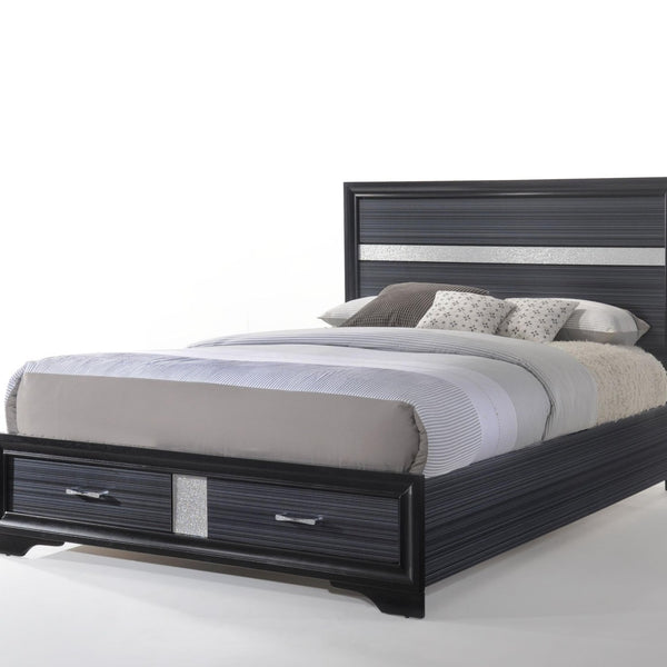 63" X 84" X 50" Black Wood Queen Bed w-Storage
