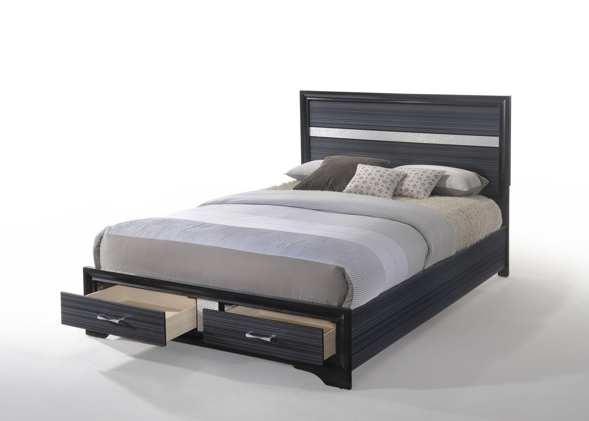 63" X 84" X 50" Black Wood Queen Bed w-Storage