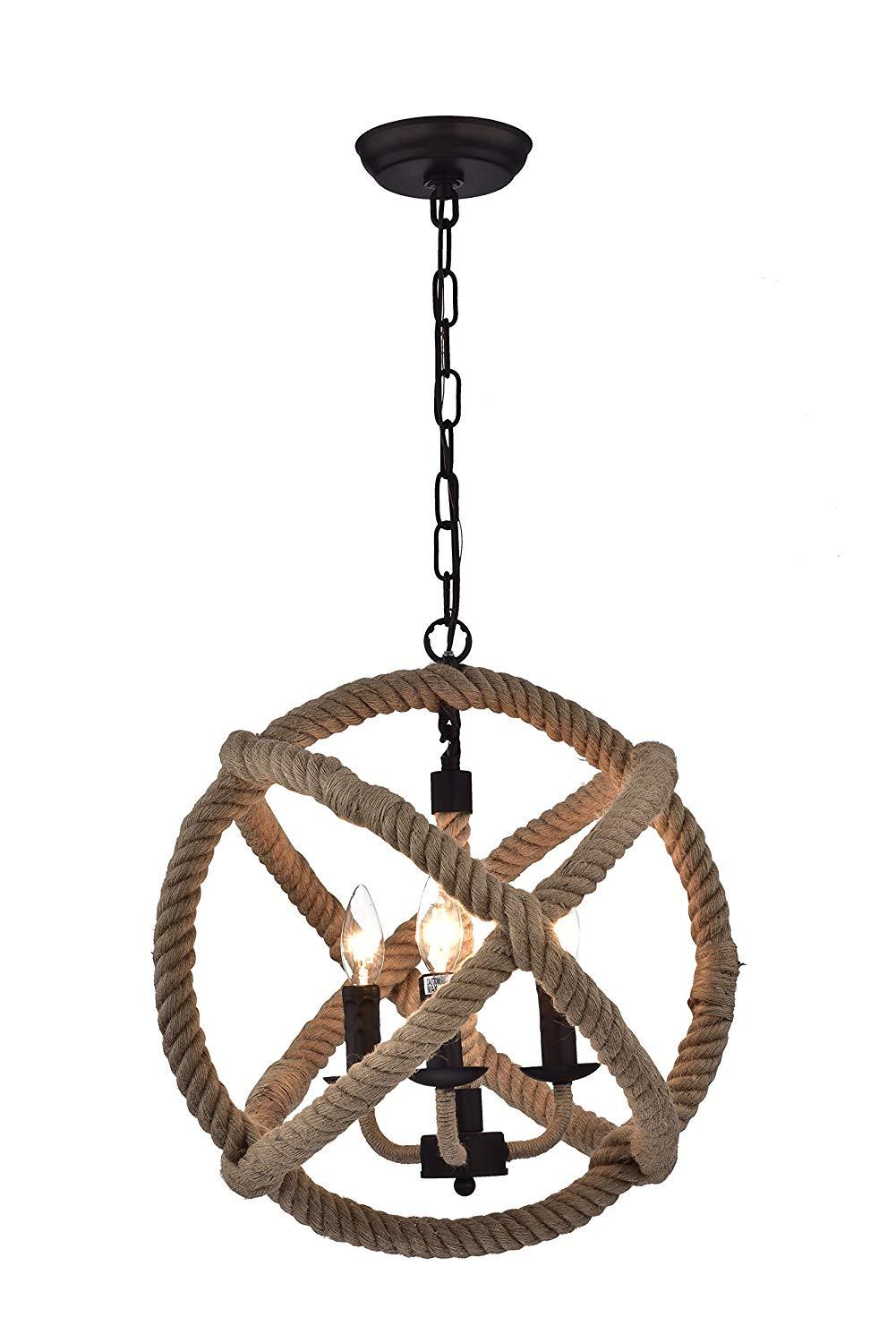 Antique Bronze Metal Twirlie Hemp Rope Contemporary Hanging Chandelier Light Lamp, 16.5 Inch